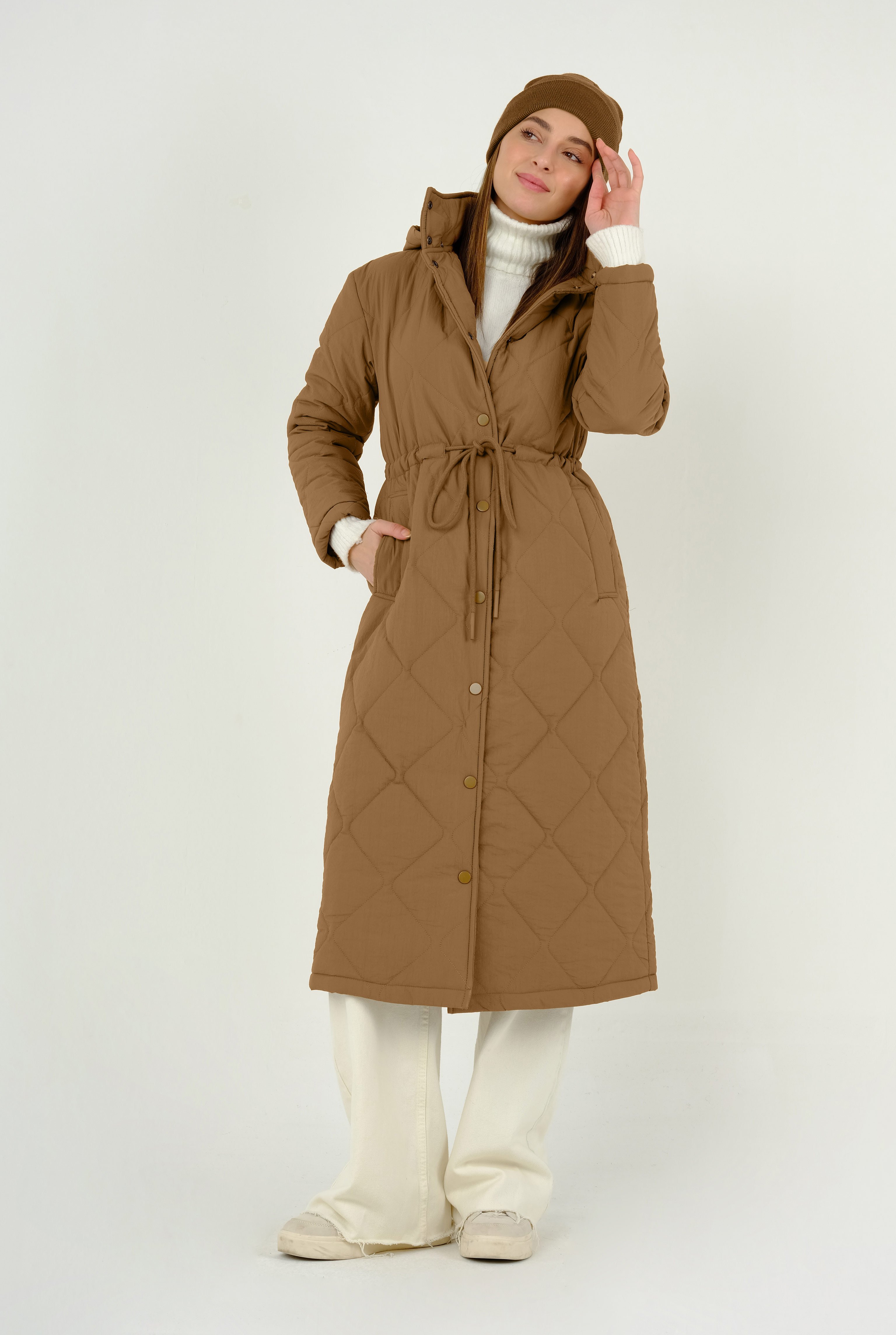 Puffer Jacket With Gathered Waist Camel 