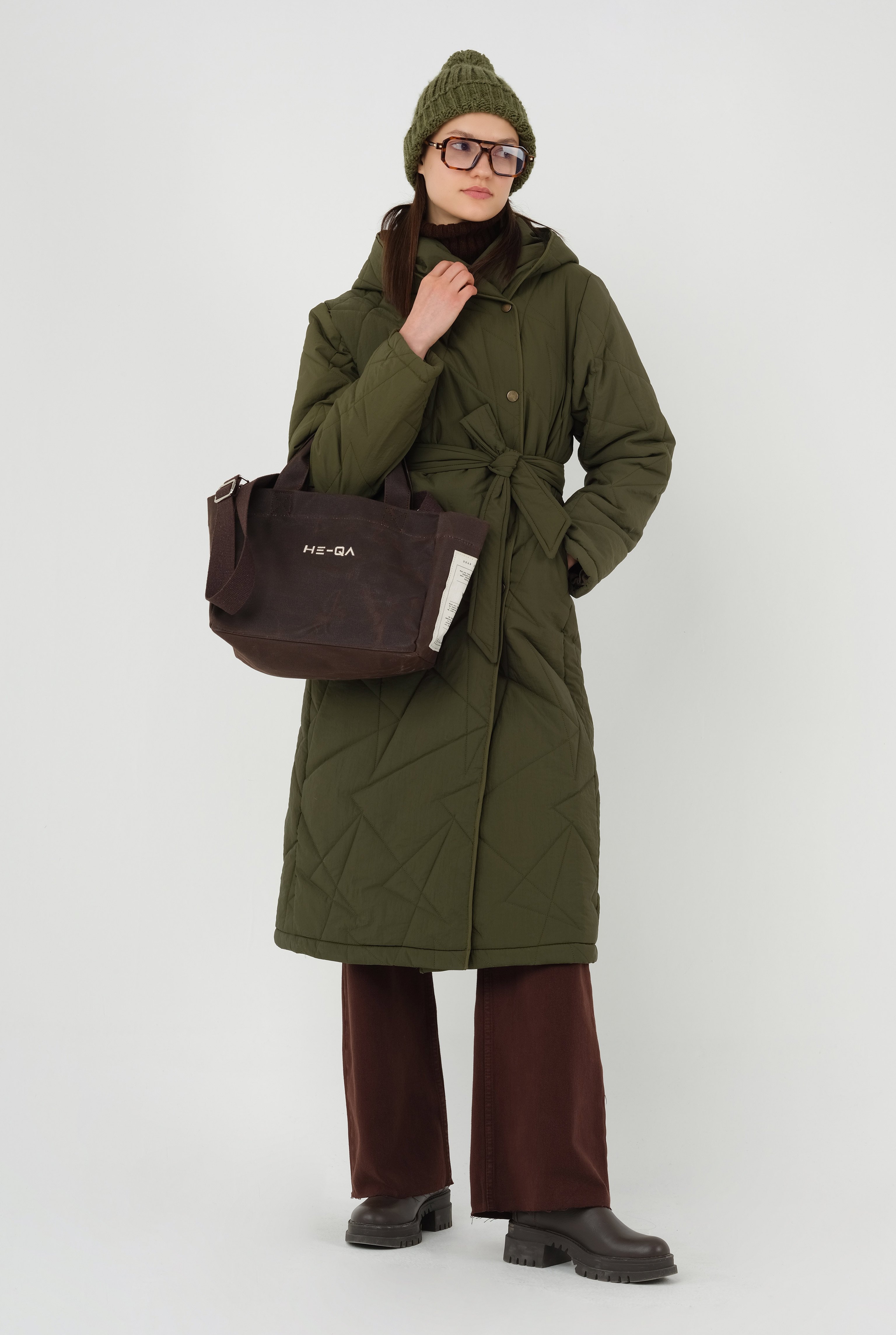 Asymmetric Patterned Quilted Coat Khaki 
