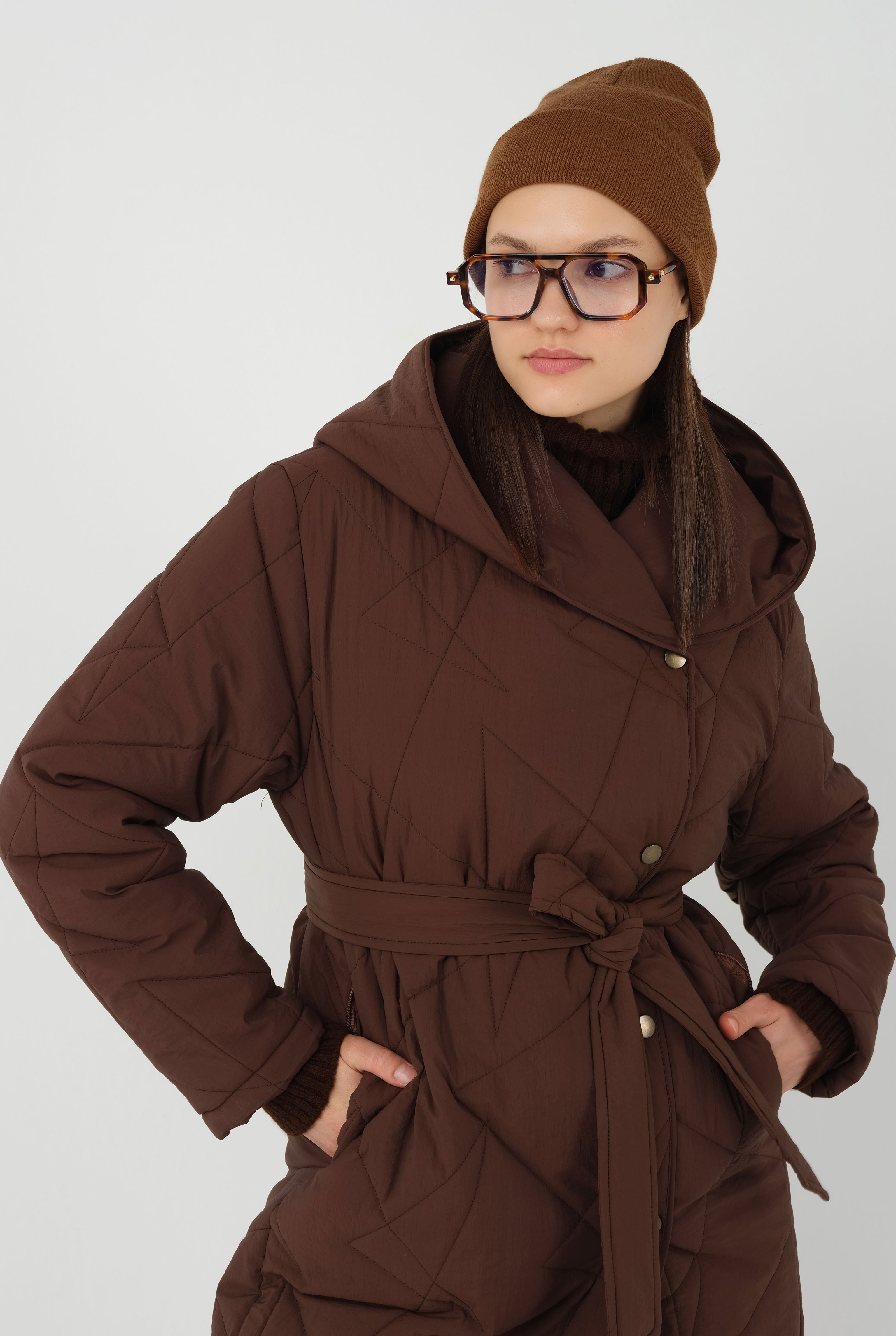 Asymmetric Patterned Quilted Coat Brown 