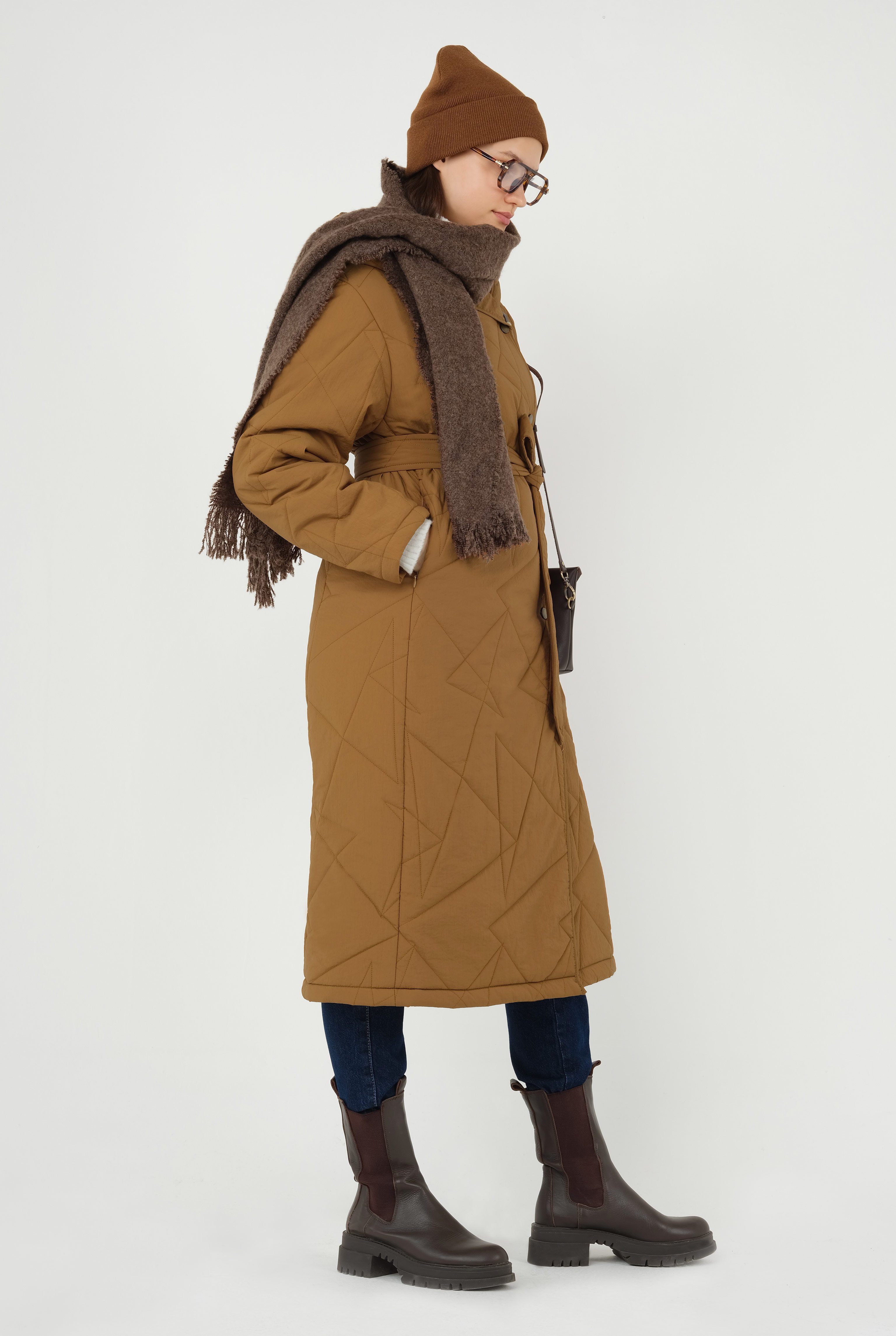 Asymmetric Patterned Quilted Coat Camel 