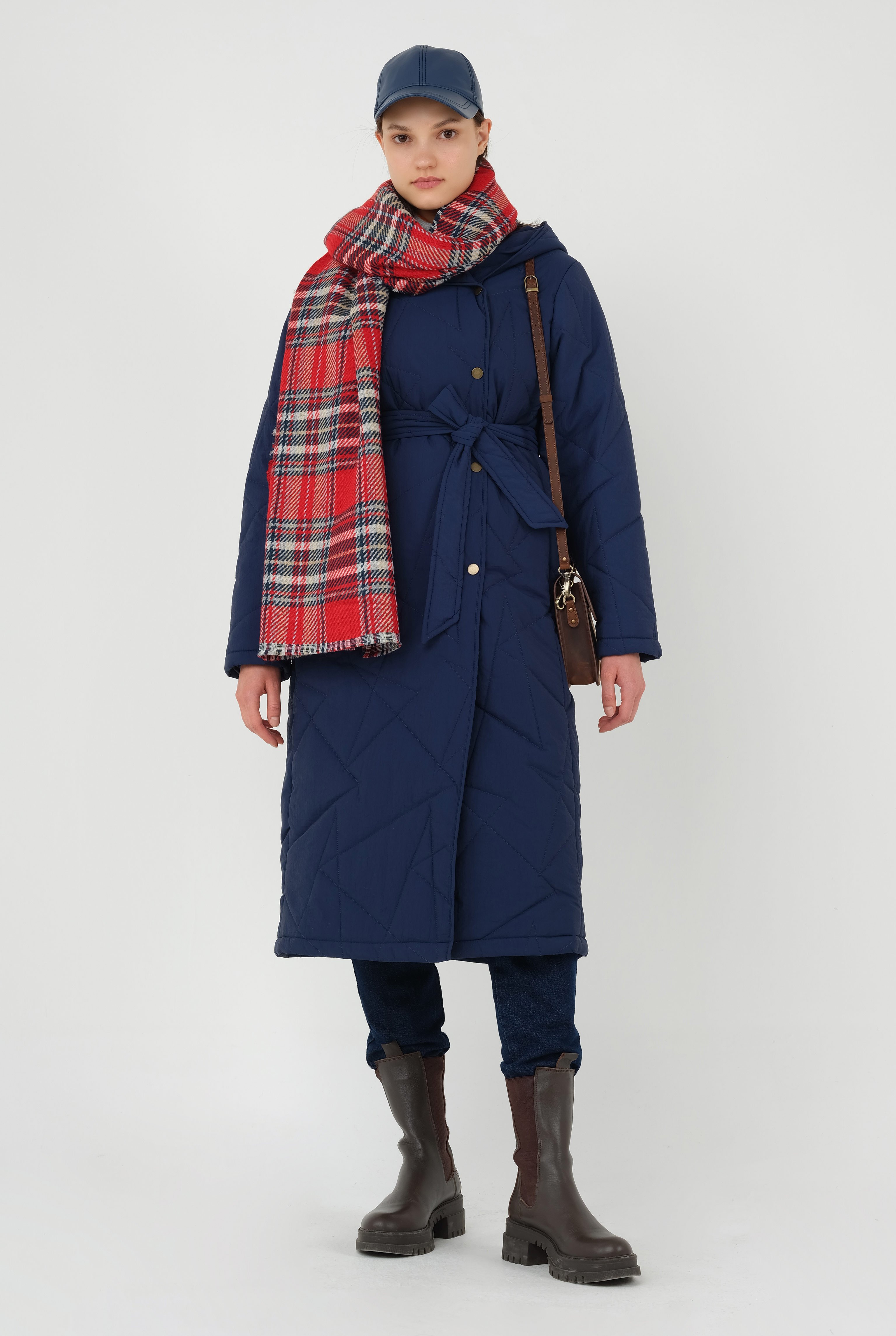 Asymmetric Patterned Quilted Coat Navy Blue 