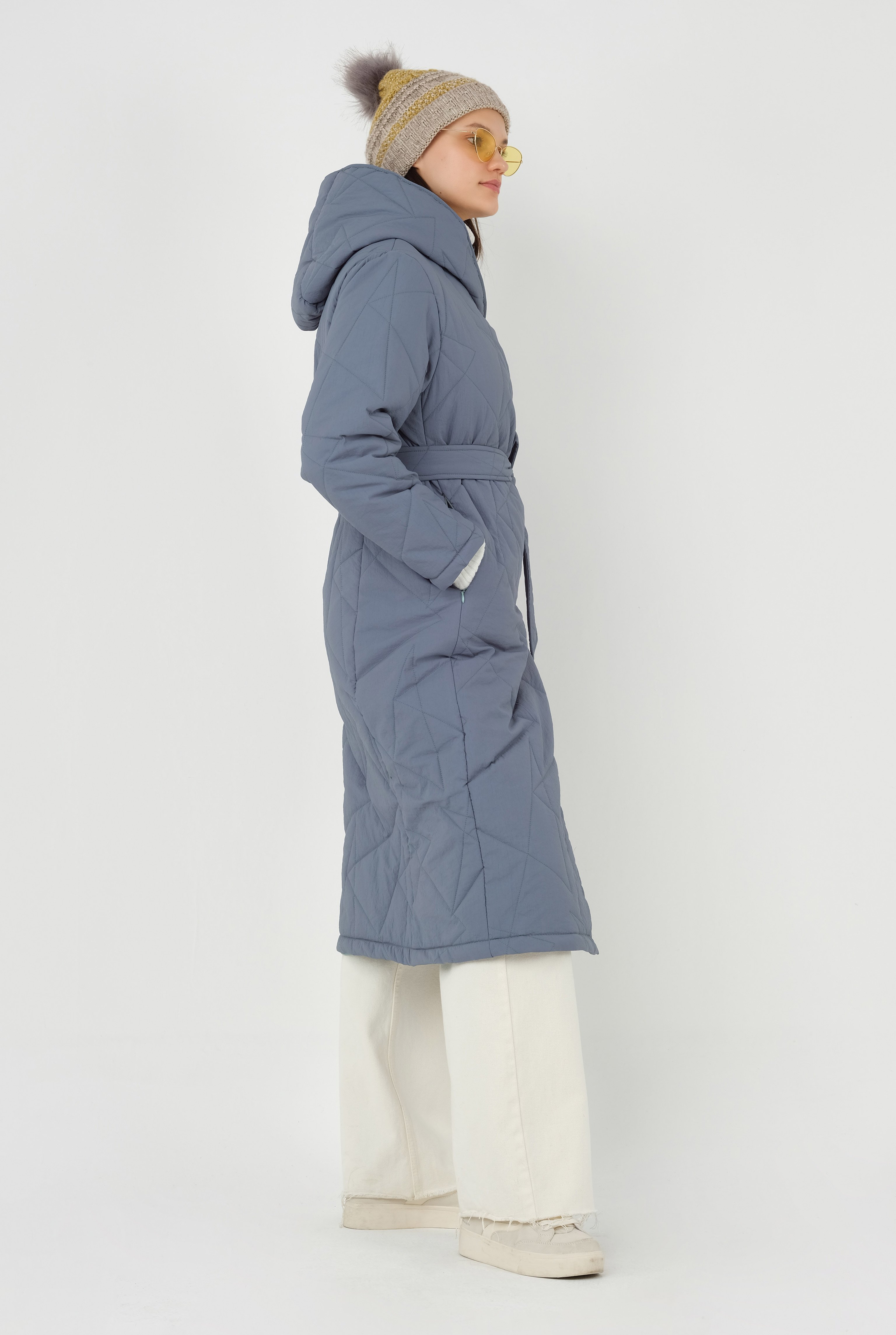 Asymmetric Patterned Quilted Coat Ocean 