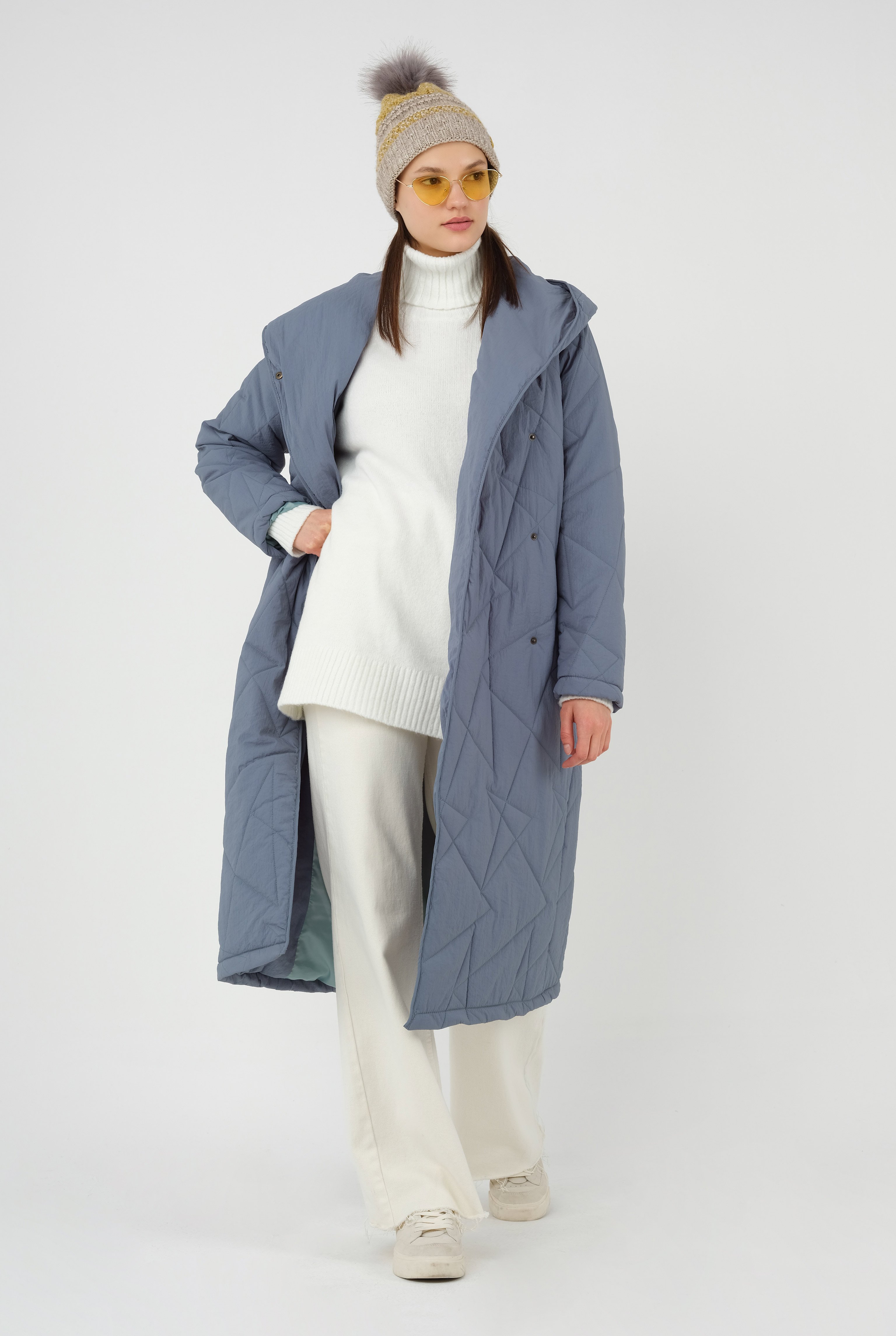 Asymmetric Patterned Quilted Coat Ocean 
