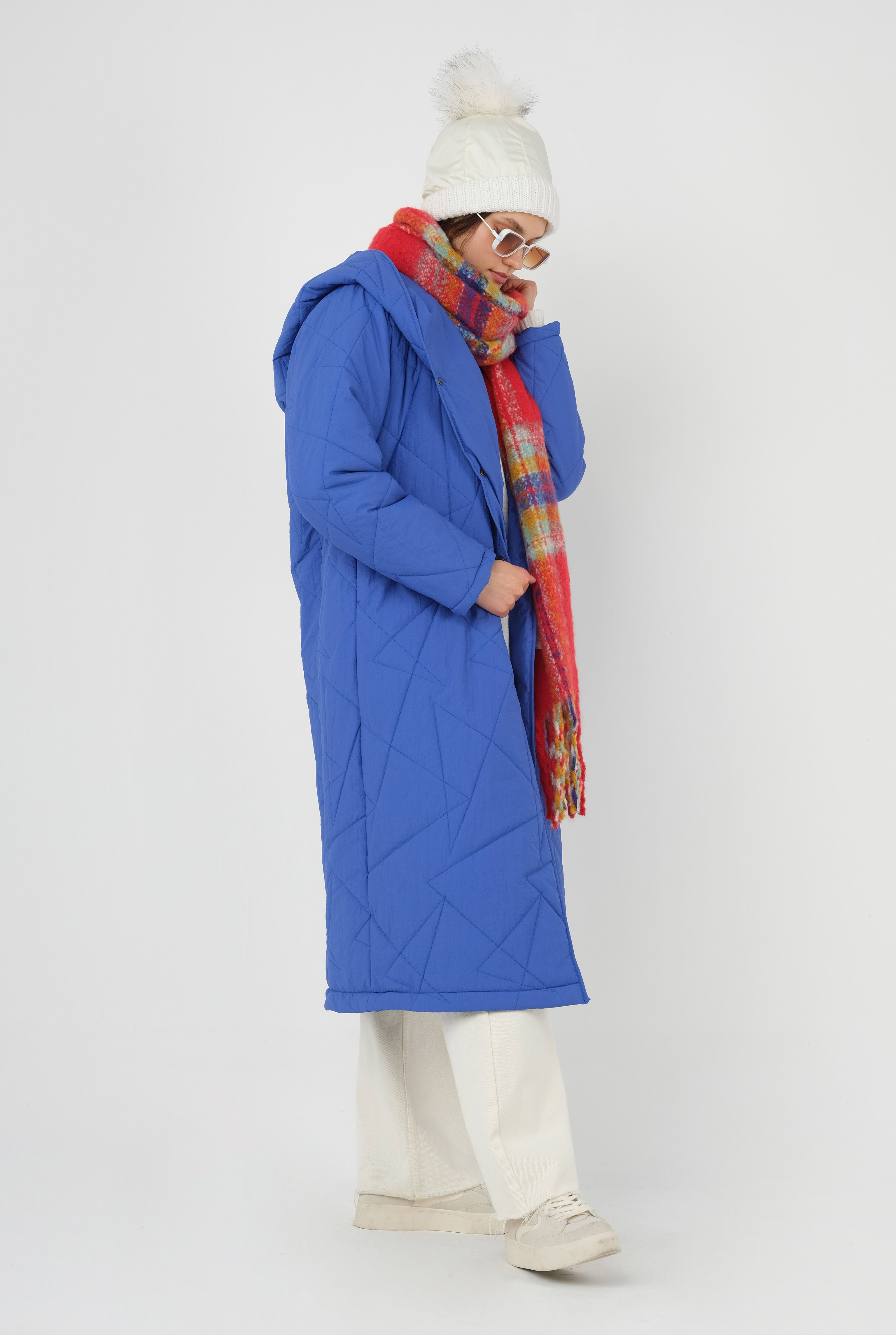 Asymmetric Patterned Quilted Coat Saxe 