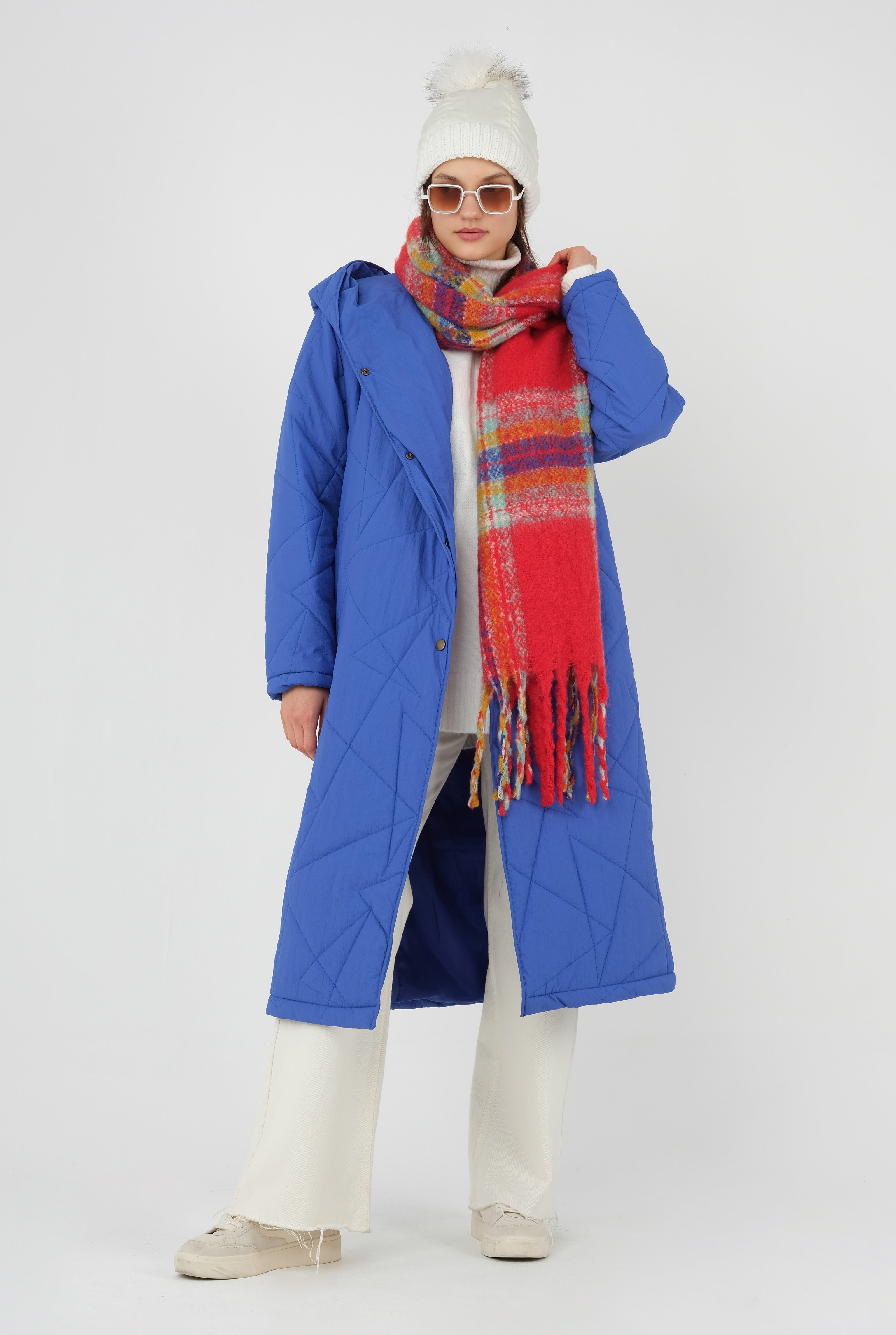 Asymmetric Patterned Quilted Coat Saxe 