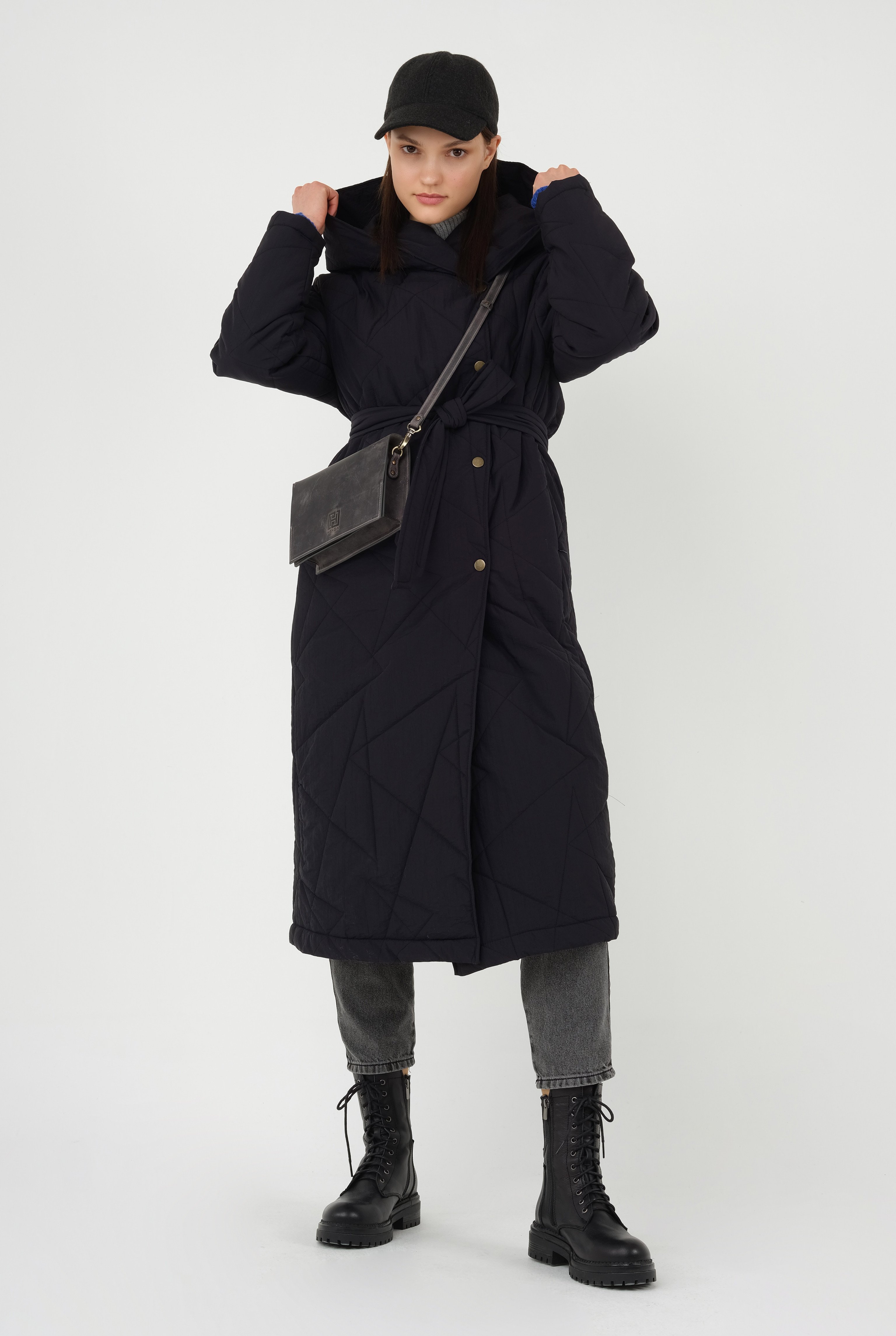 Asymmetric Patterned Quilted Coat Black 