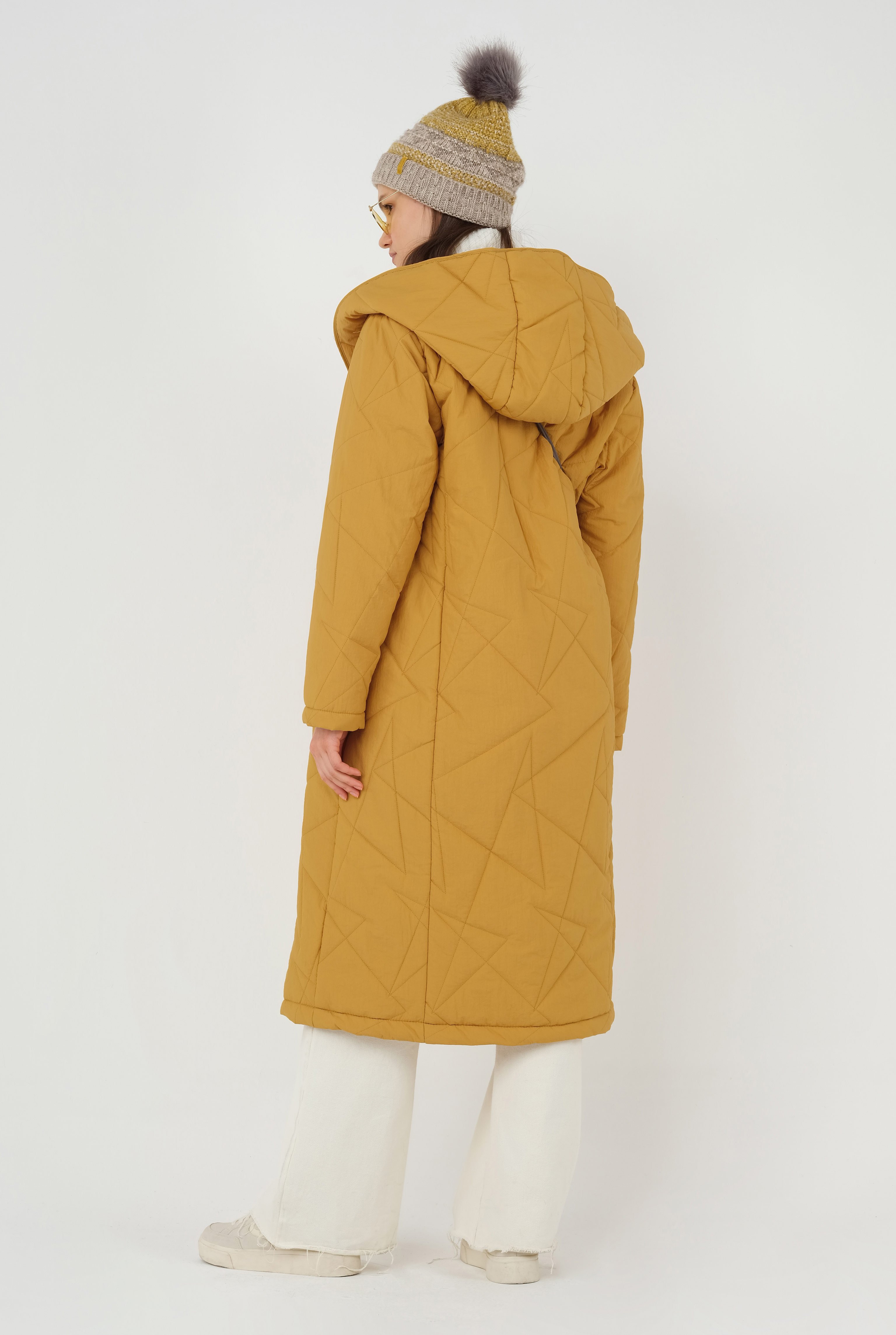 Asymmetric Patterned Quilted Coat Mustard 
