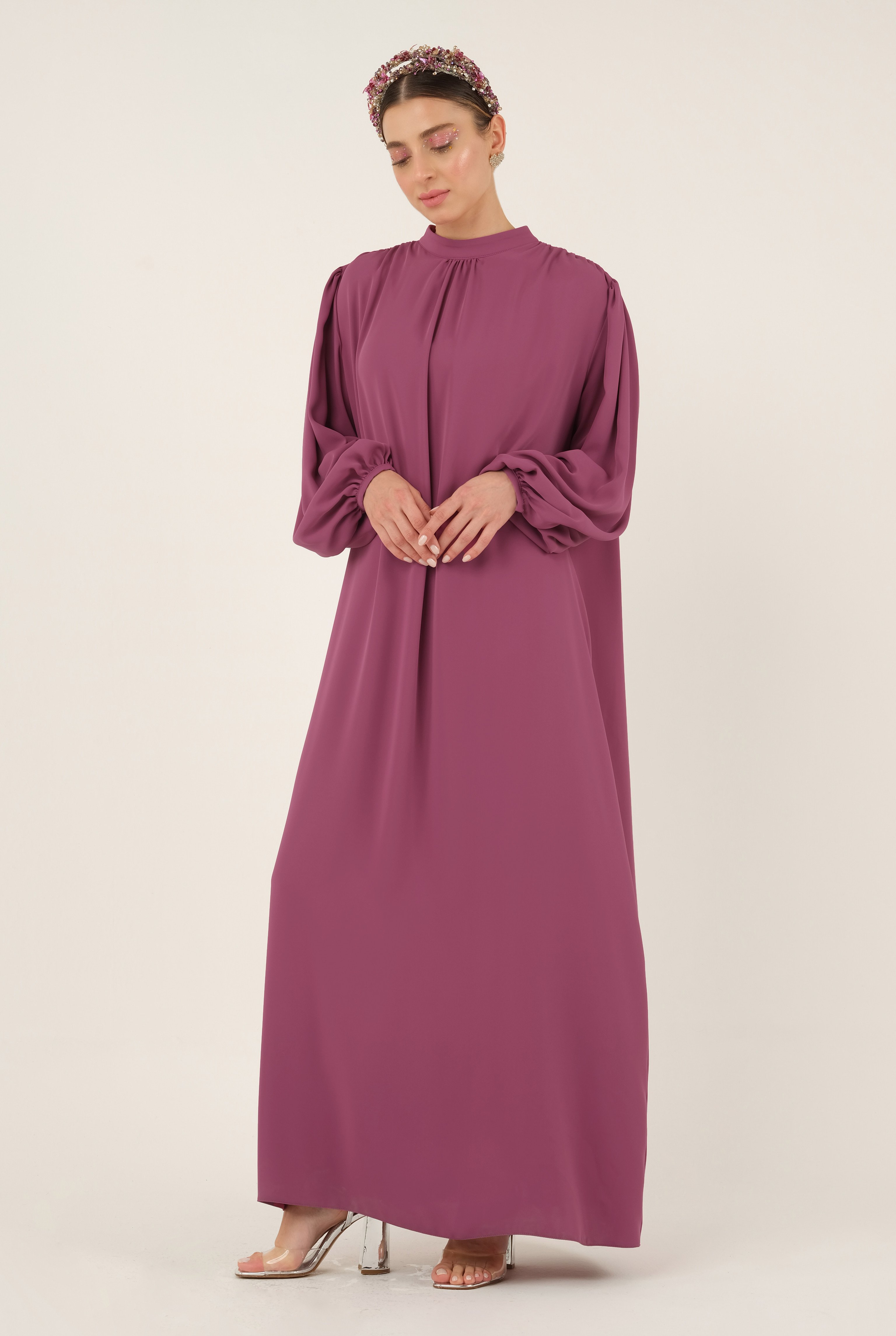 Shirred Collared Dress Damson Color 