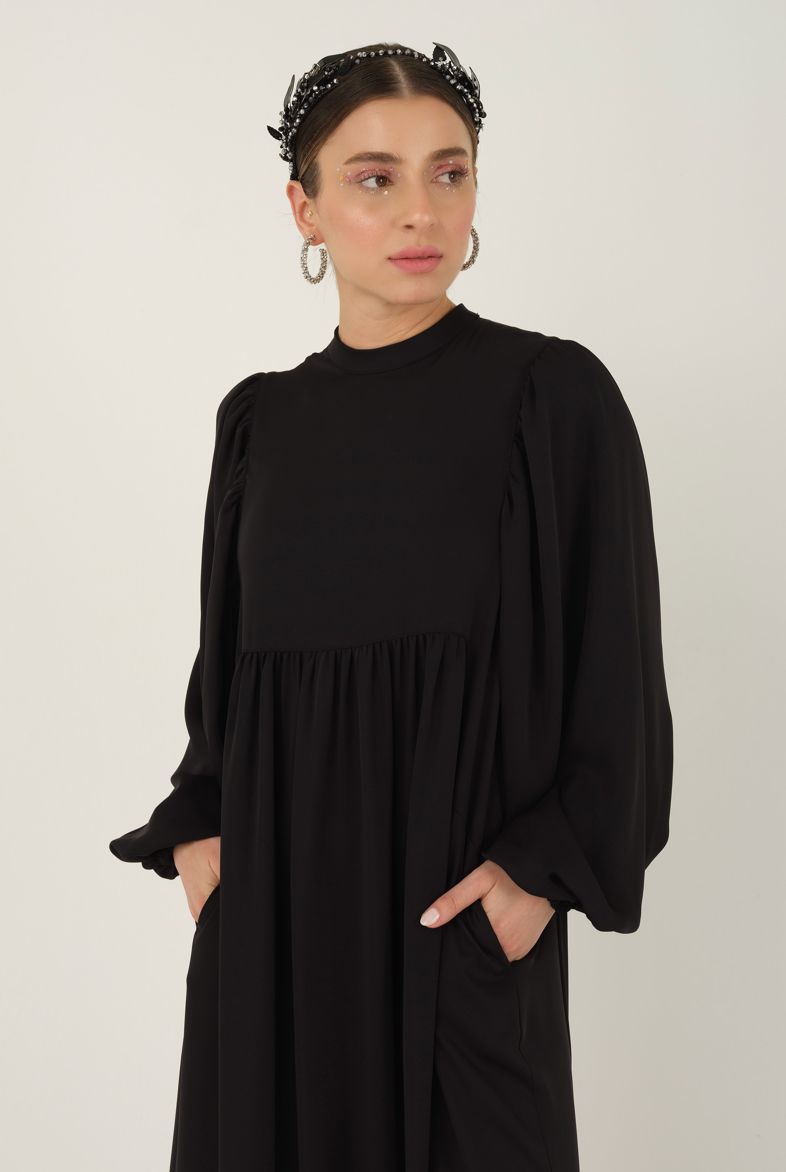 Shirred Arm Dress Black
