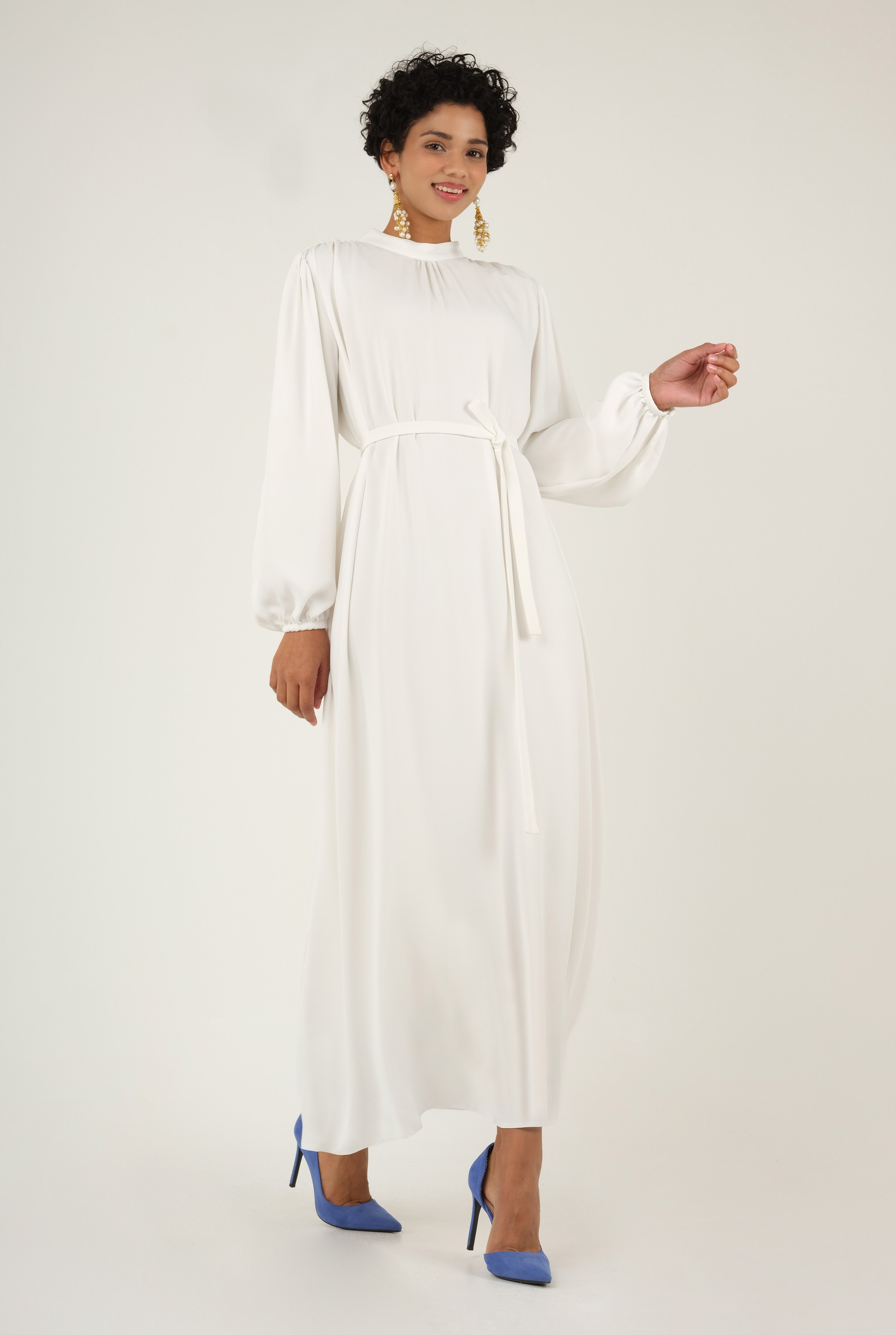 Shirred Collared Dress White 