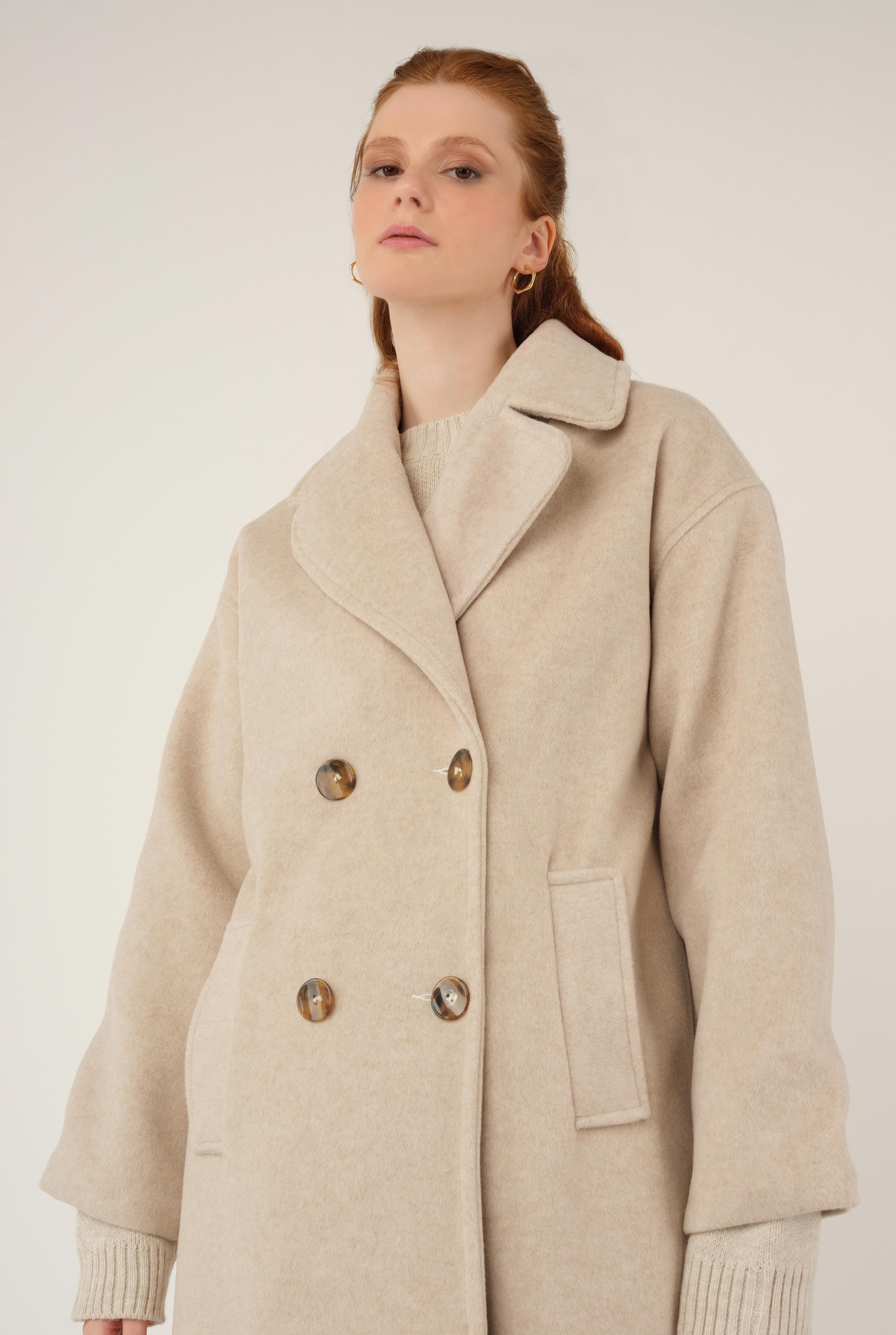Fleece Coat With Envelope Buttons Beige