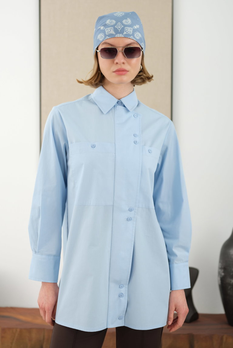 Asymmetric Placket Detailed Shirt Light Blue - HE-QA