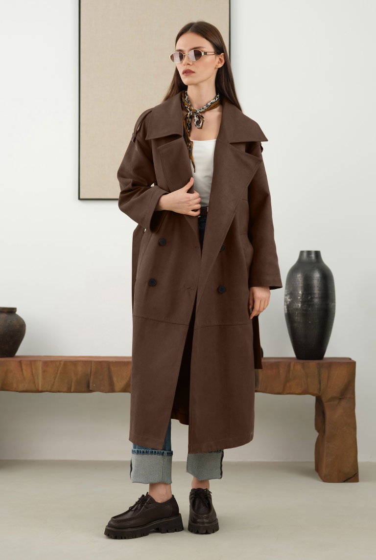 Suede Trenchcoat Dark Tan - HE-QA