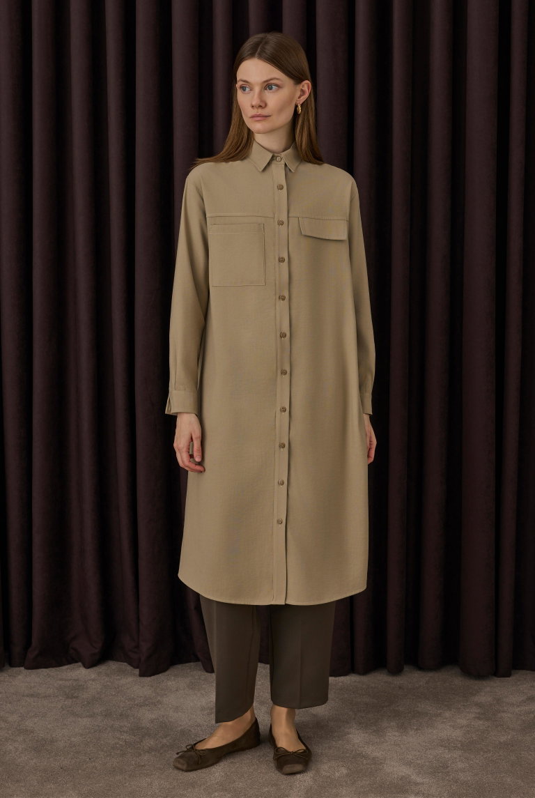 Pocket Detailed Long Shirt Matt Mink - HE-QA