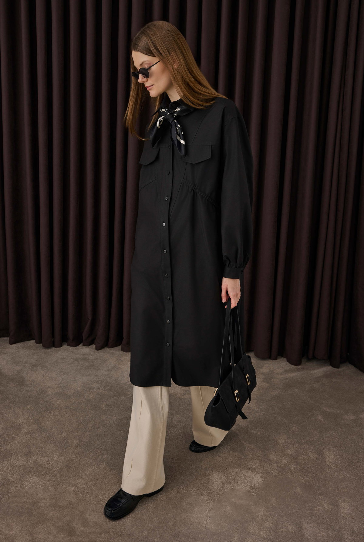 Long Ruched Detail Shirt Black - HE-QA