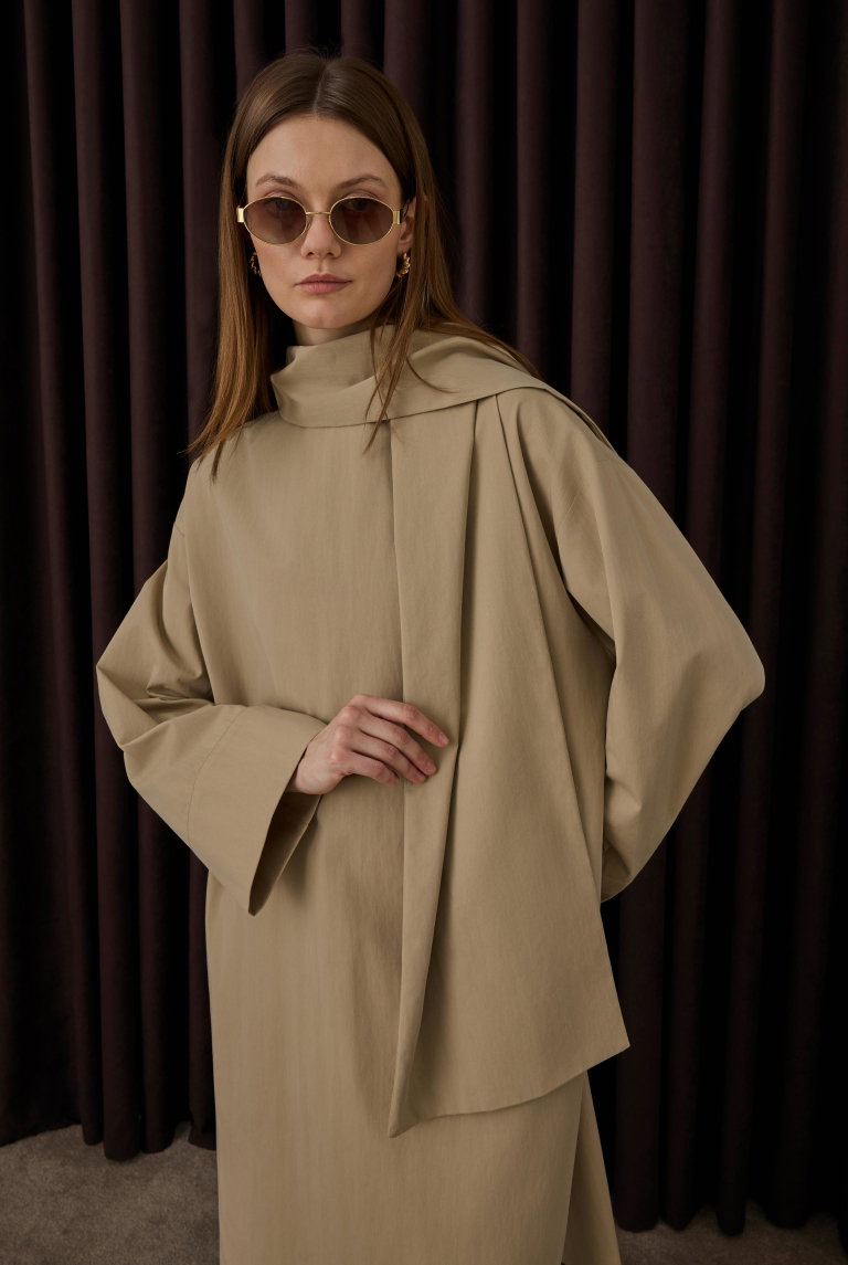 Scarf Collar Shirt Dark Beige - HE-QA