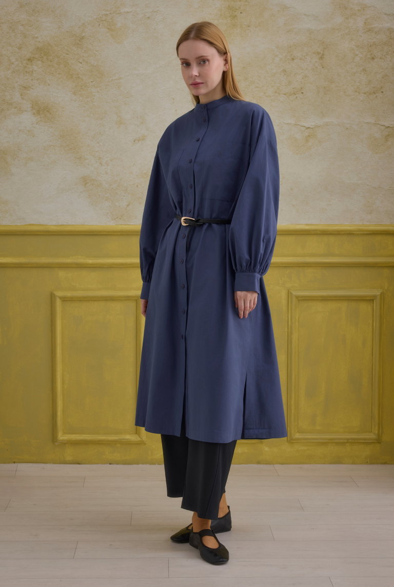 Mandarin Collar Long Tunic Dark Royal Blue - HE-QA