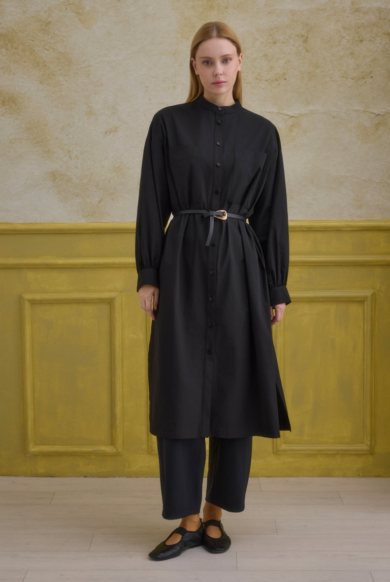 Mandarin Collar Long Tunic Black - HE-QA