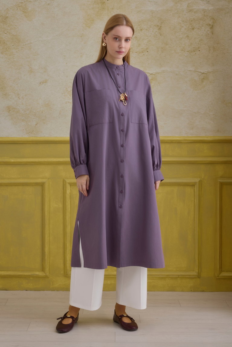 Mandarin Collar Long Tunic Retro Violet - HE-QA