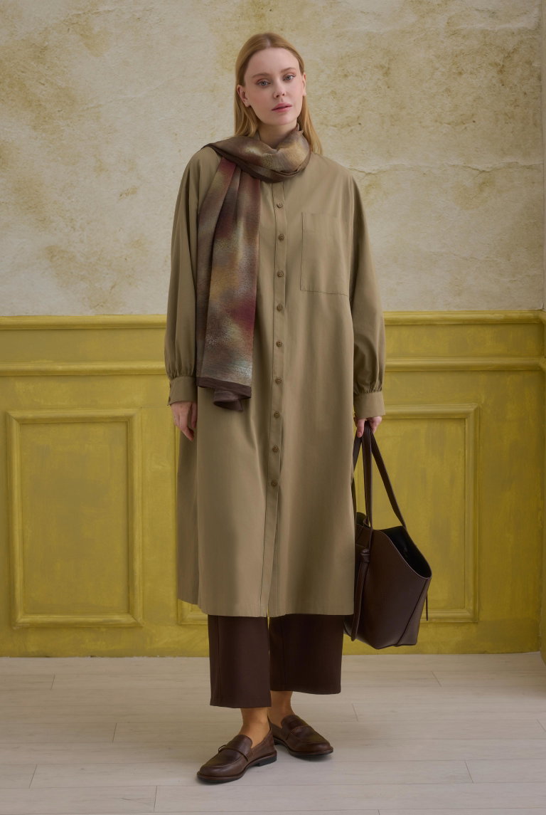 Mandarin Collar Long Tunic Light Clay - HE-QA