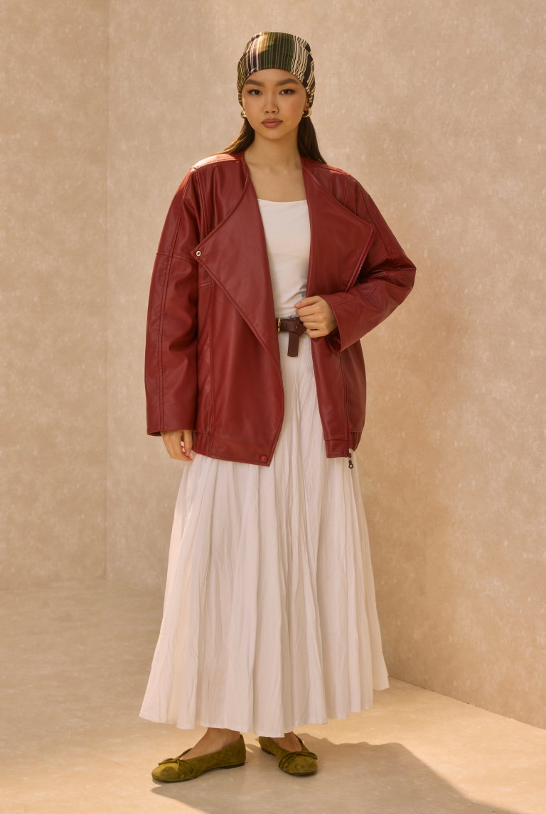 Asimetrik Kesim Deri Ceket Bordo - HE-QA