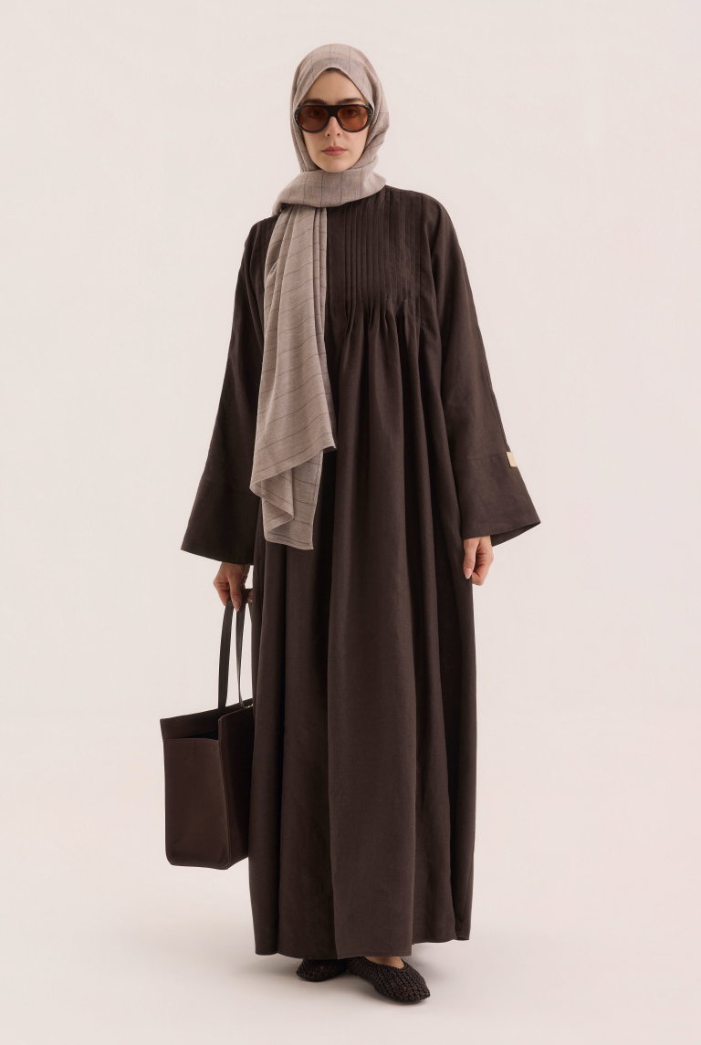 Nervür Detaylı Keten Abaya Acı Kahve - HE-QA