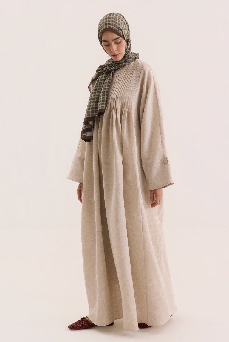 Nervür Detaylı Keten Abaya Sedef - HE-QA