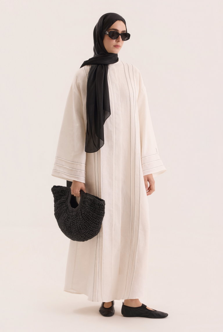 Kontrast Dikişli Abaya Beyaz - HE-QA