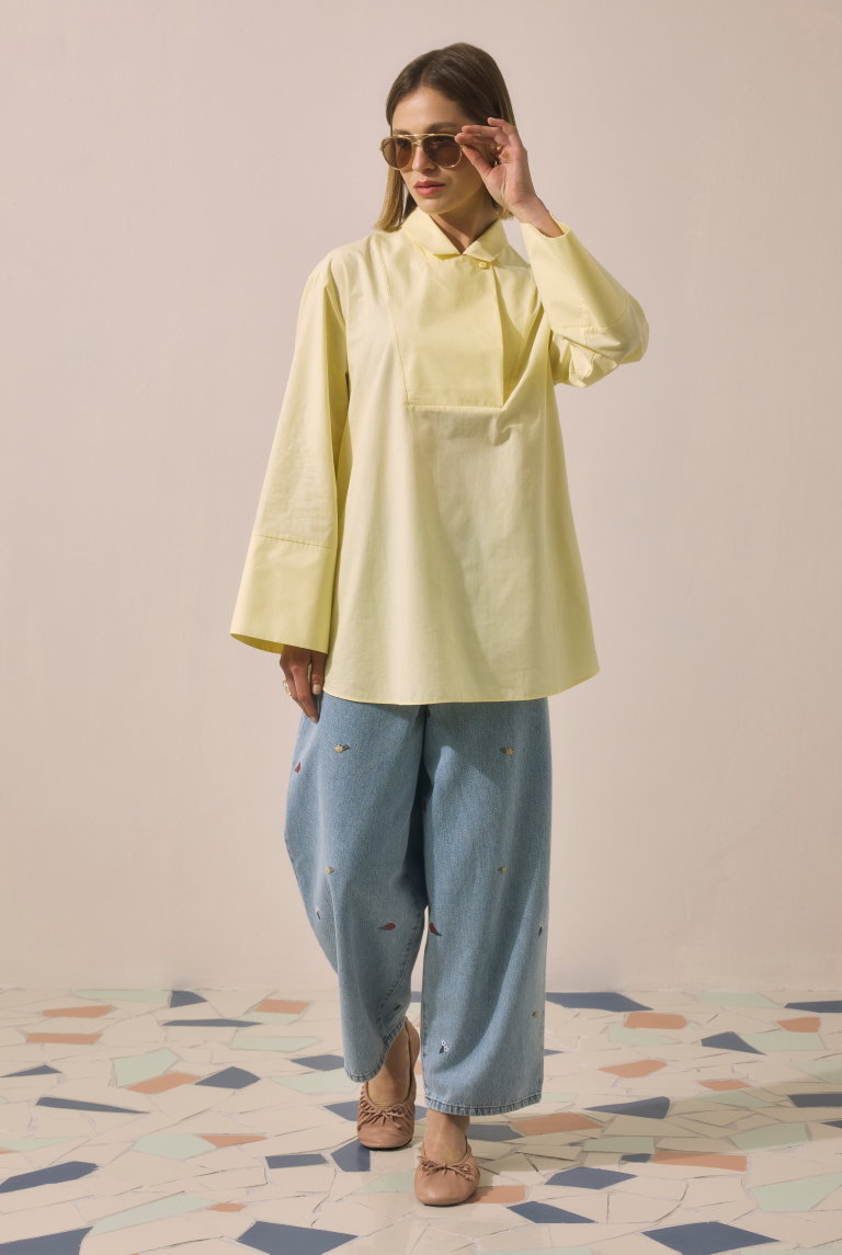 Kruvaze Yaka Tunik Soft Sarı - HE-QA