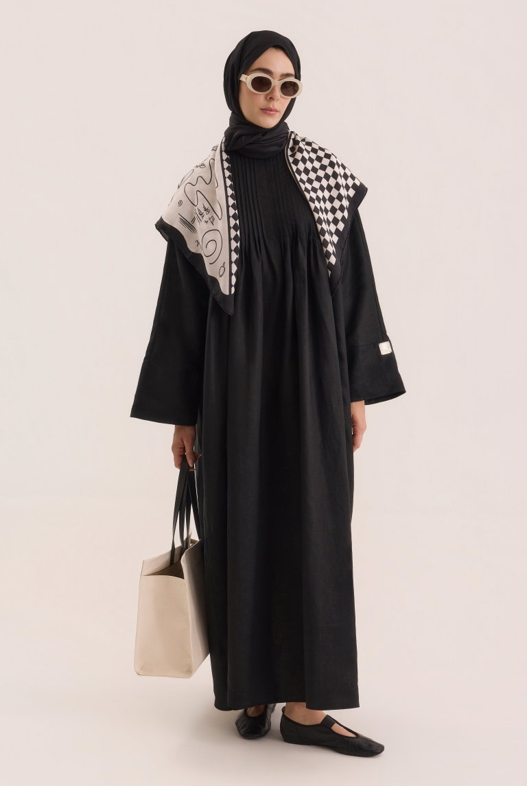 Nervür Detaylı Keten Abaya Siyah - HE-QA