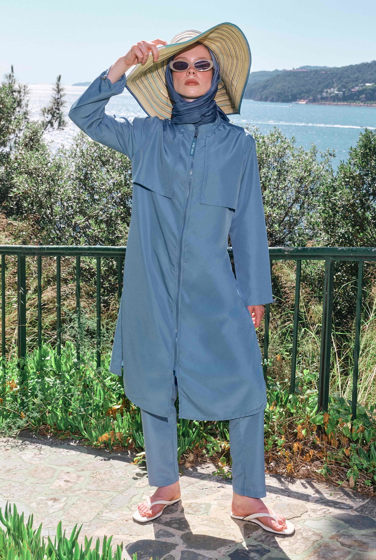 Long Swimwear Set with Windbreaker Detail Light Blue - HE-QA