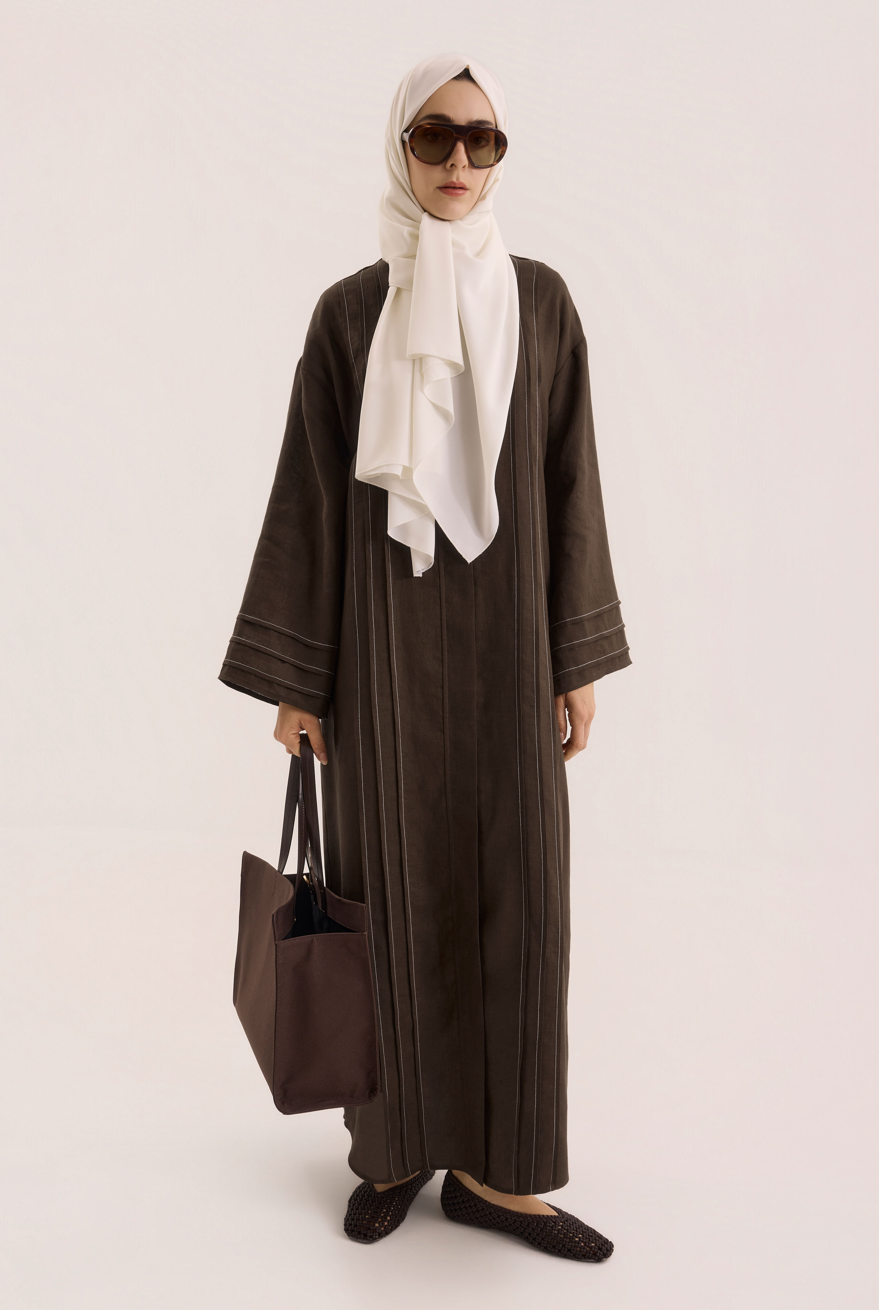 Kontrast Dikişli Abaya Acı Kahve - 1