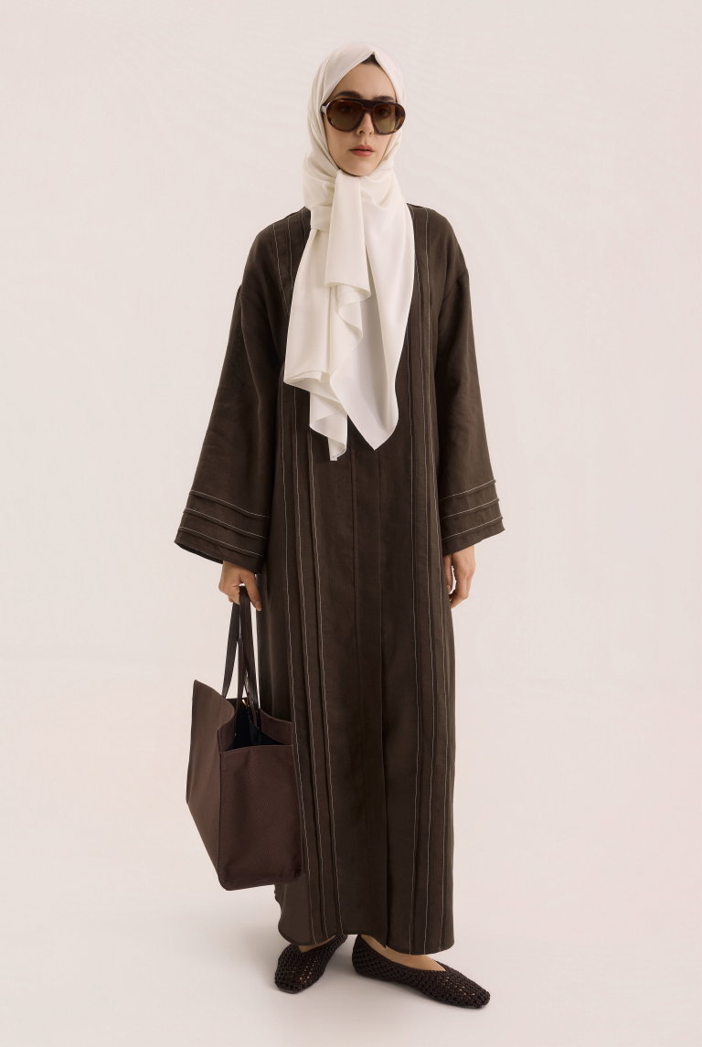 Kontrast Dikişli Abaya Acı Kahve - HE-QA