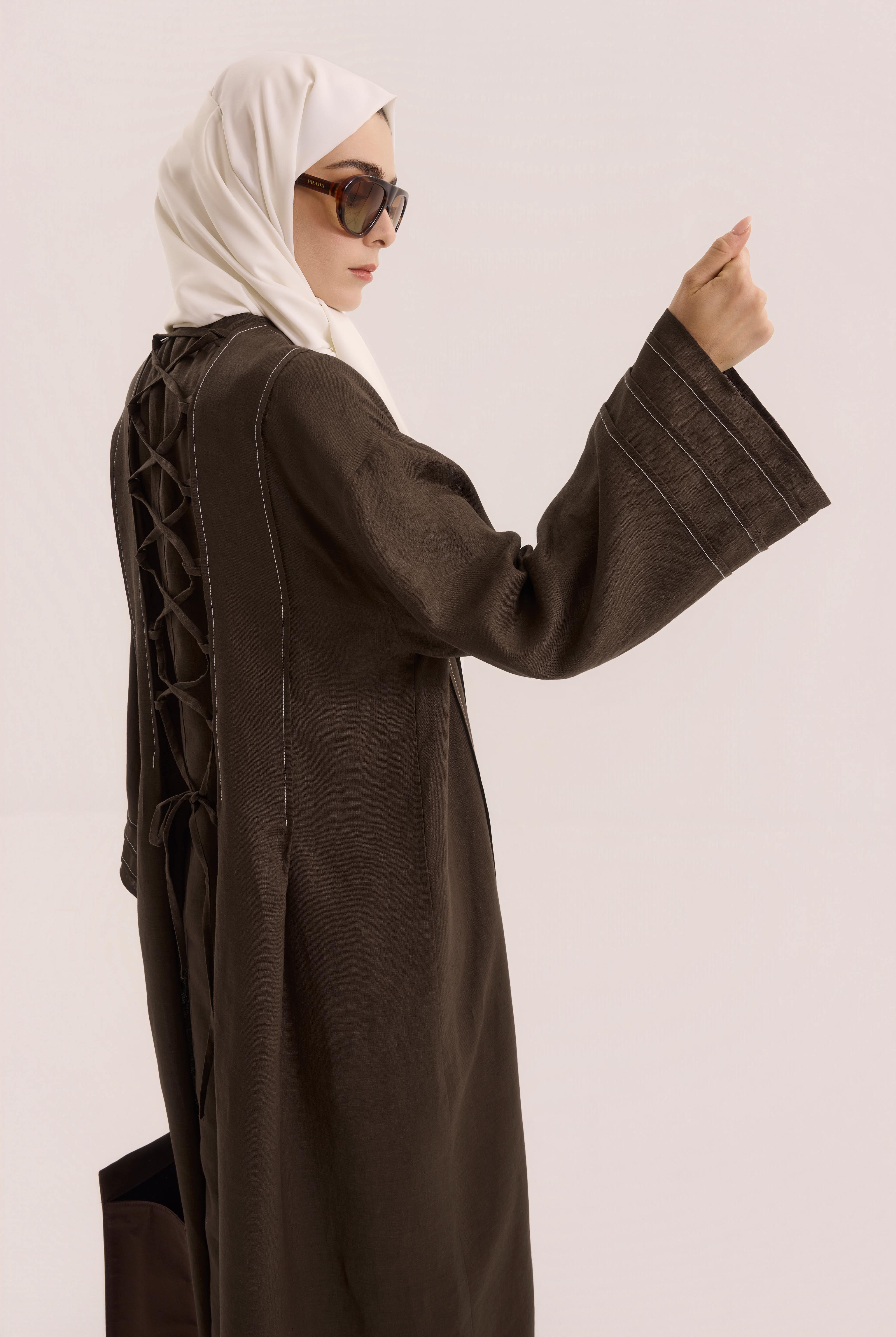 Kontrast Dikişli Abaya Acı Kahve - 4