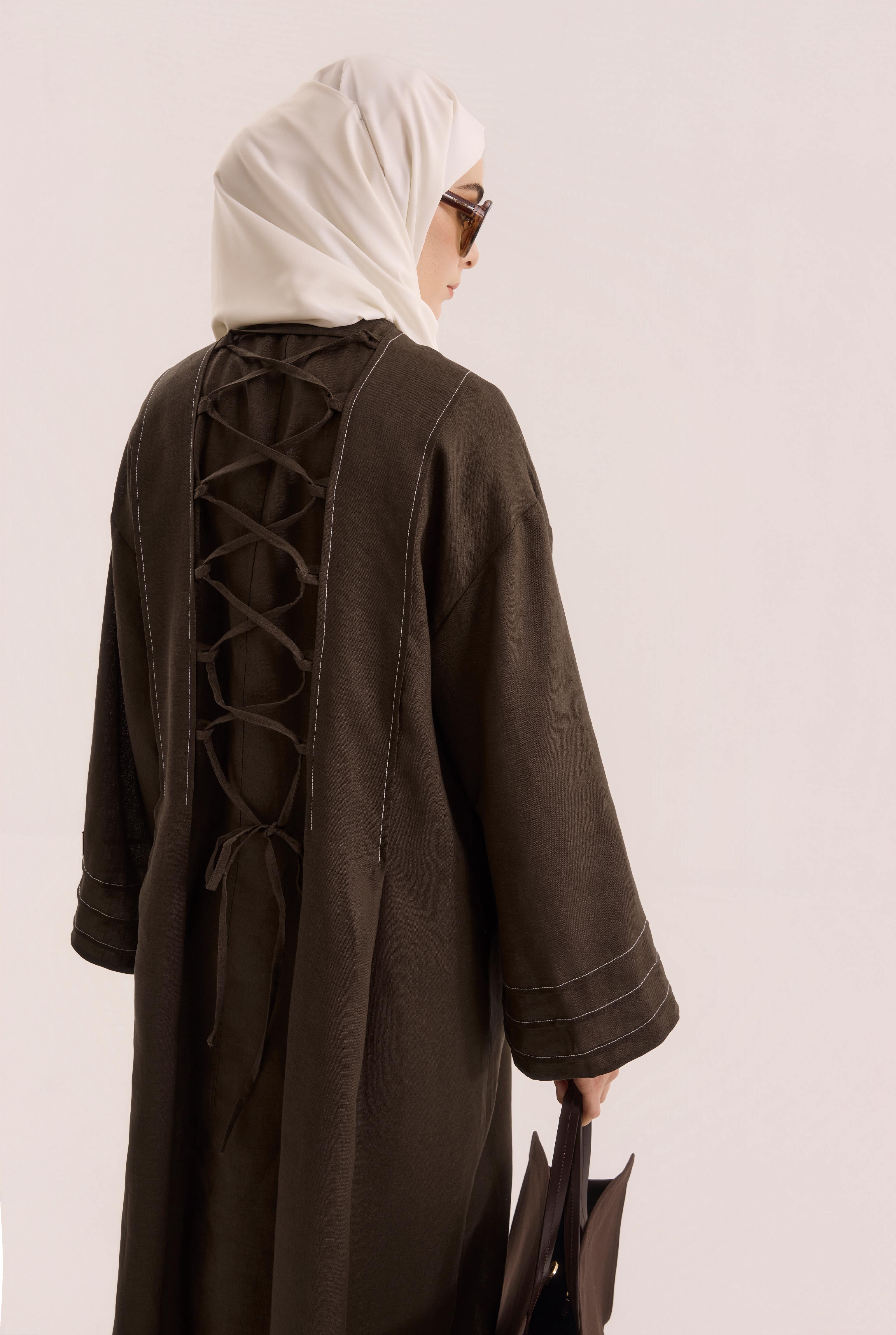 Kontrast Dikişli Abaya Acı Kahve - 5
