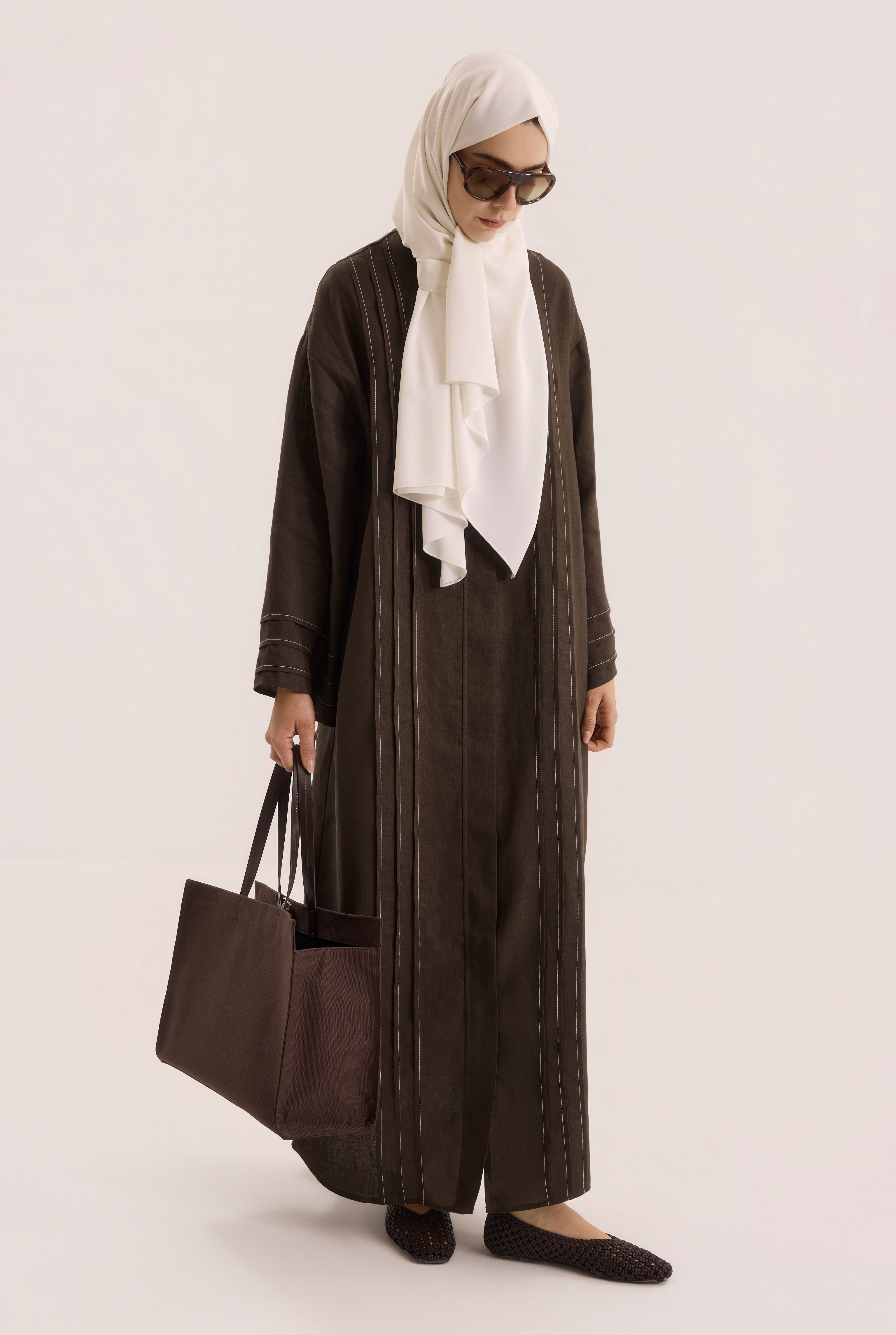 Kontrast Dikişli Abaya Acı Kahve - 2