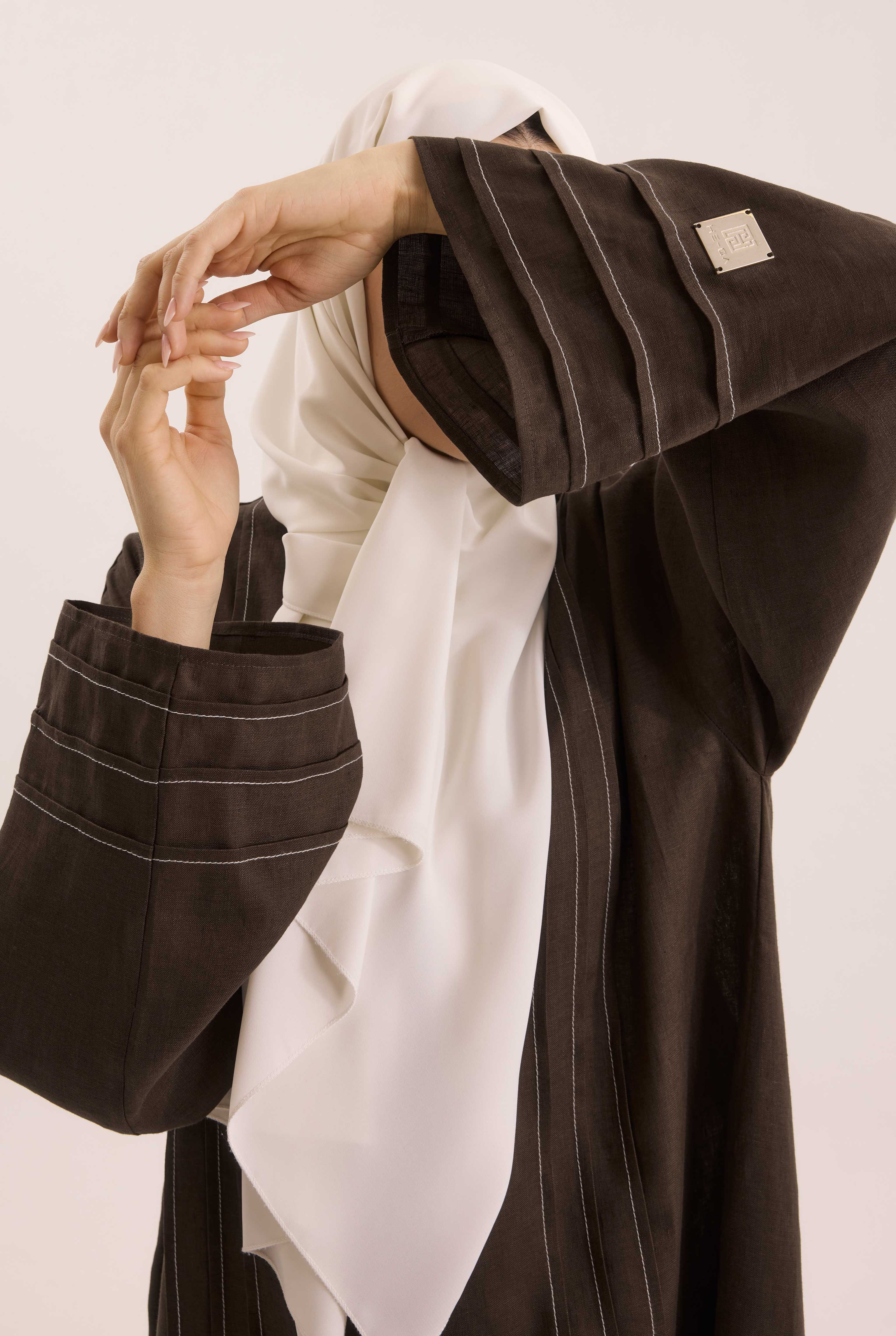 Kontrast Dikişli Abaya Acı Kahve - 6