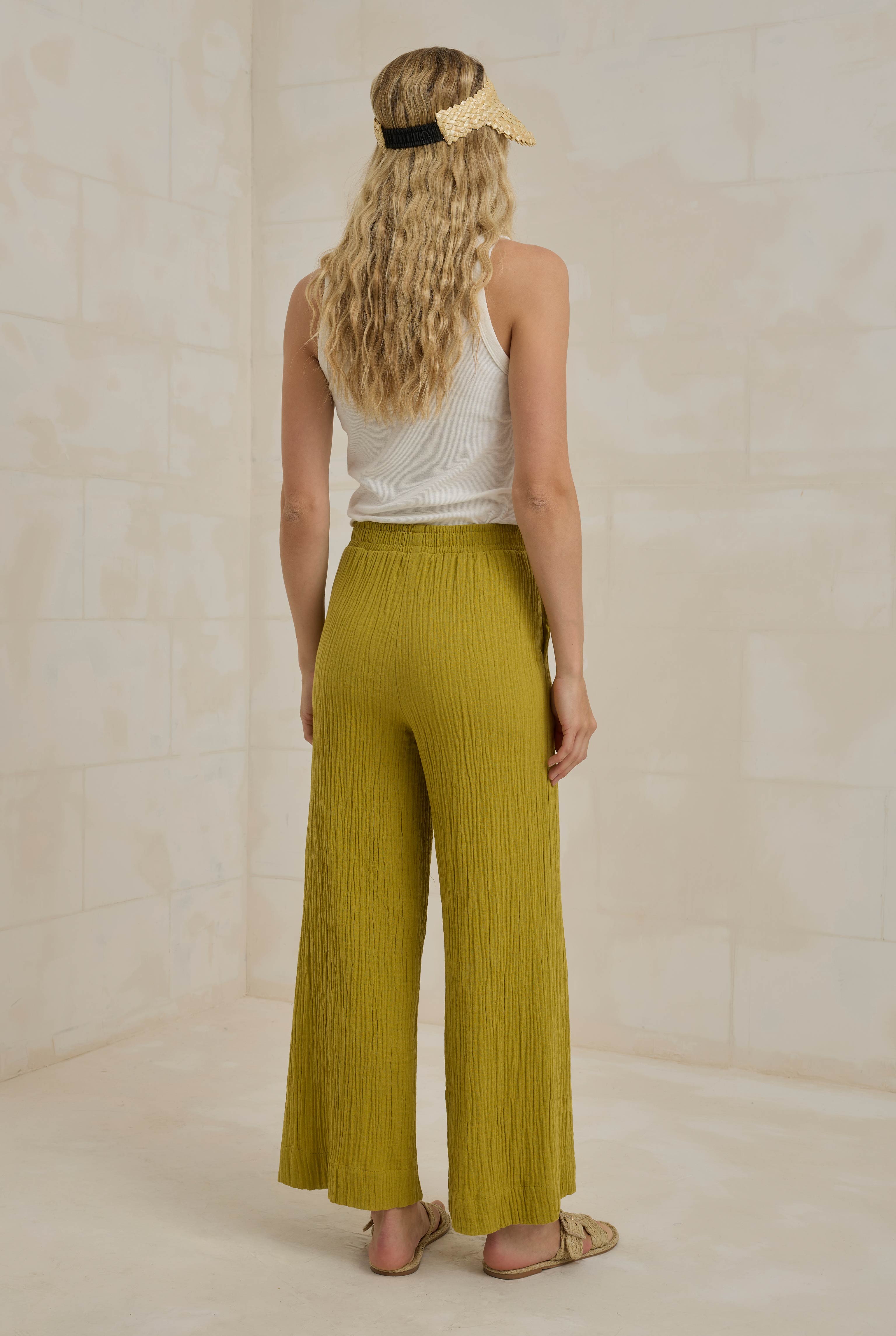 Muslin Wide Leg Trousers Light Oil Green - 5