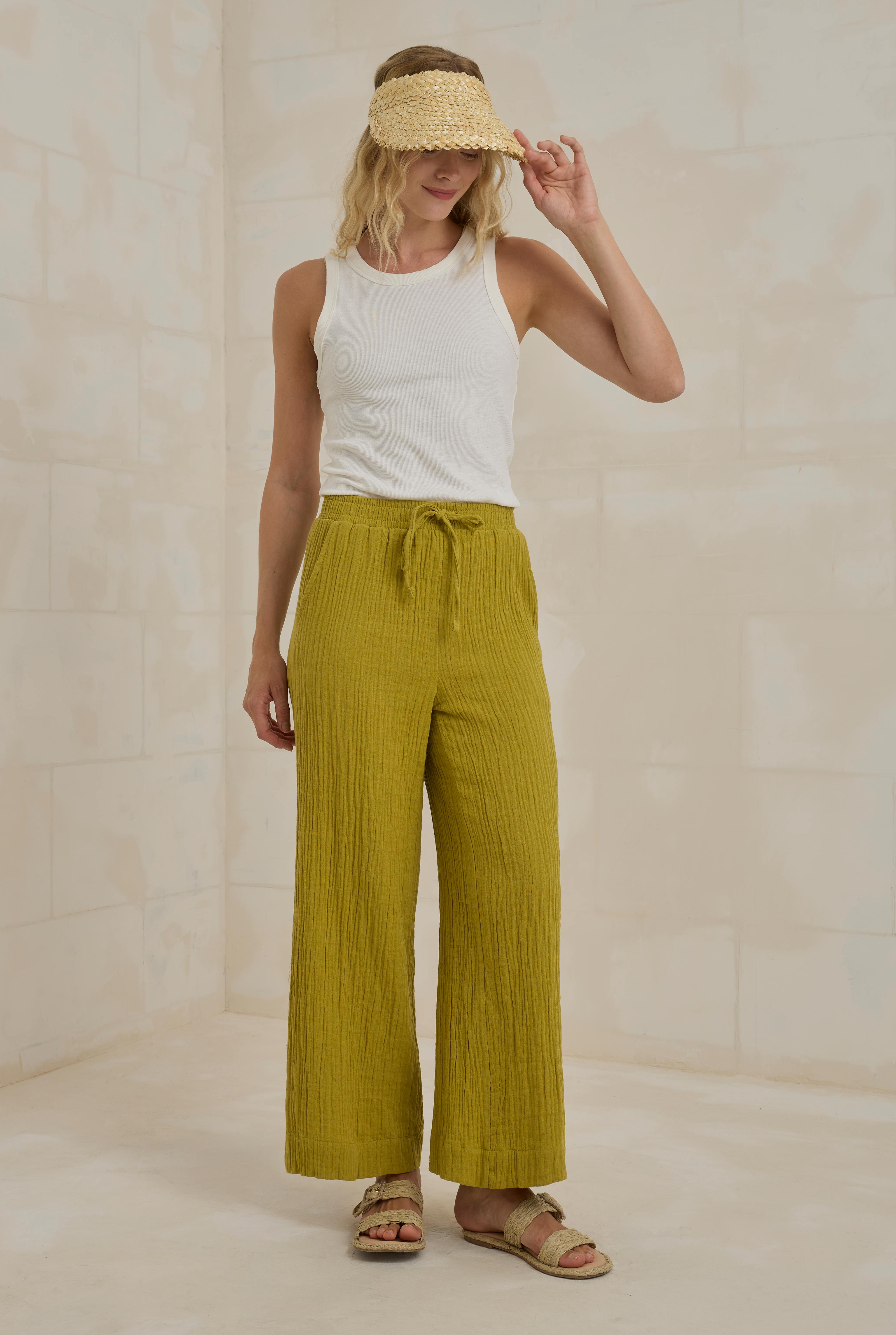 Muslin Wide Leg Trousers Light Oil Green - 1