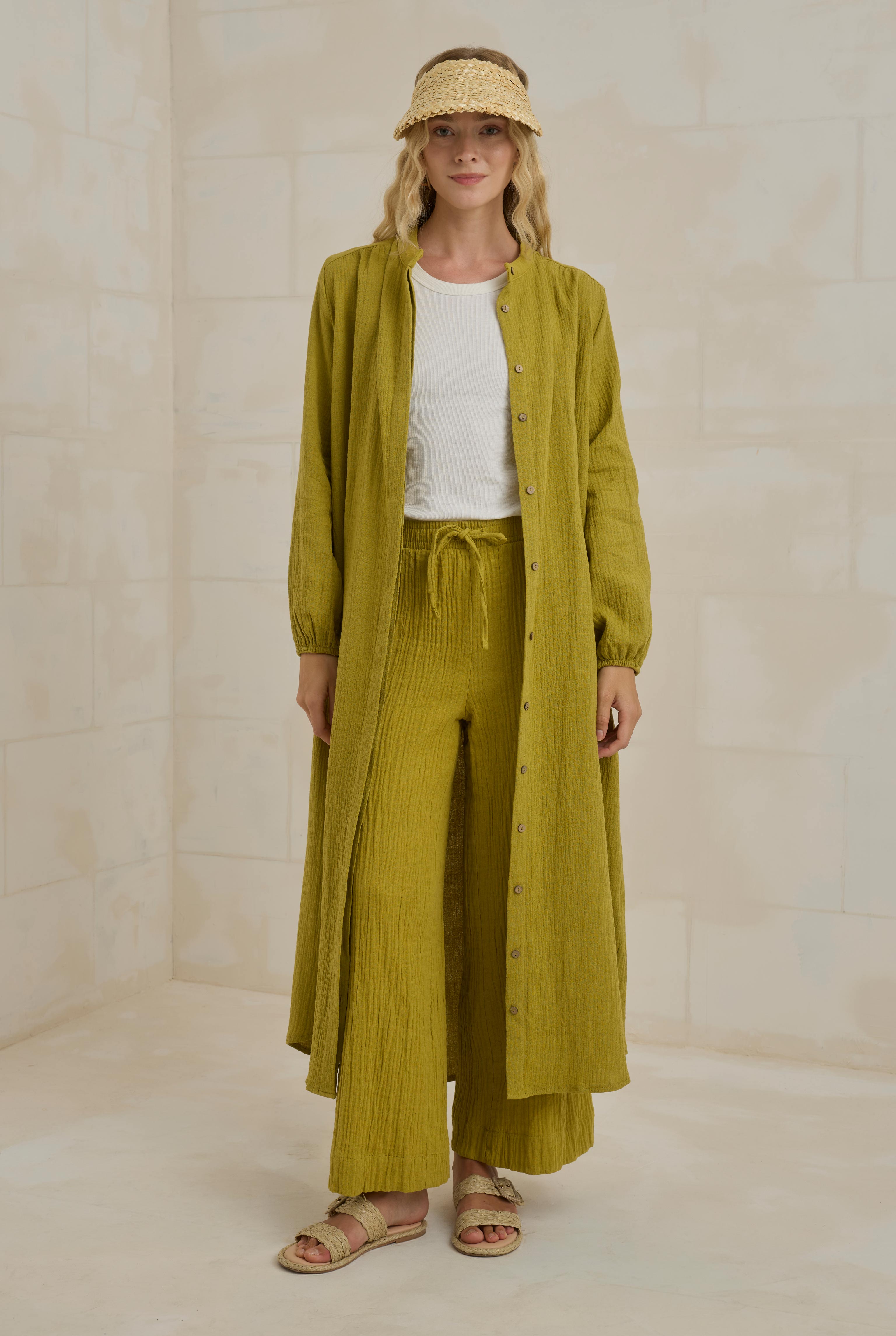 Muslin Wide Leg Trousers Light Oil Green - 2