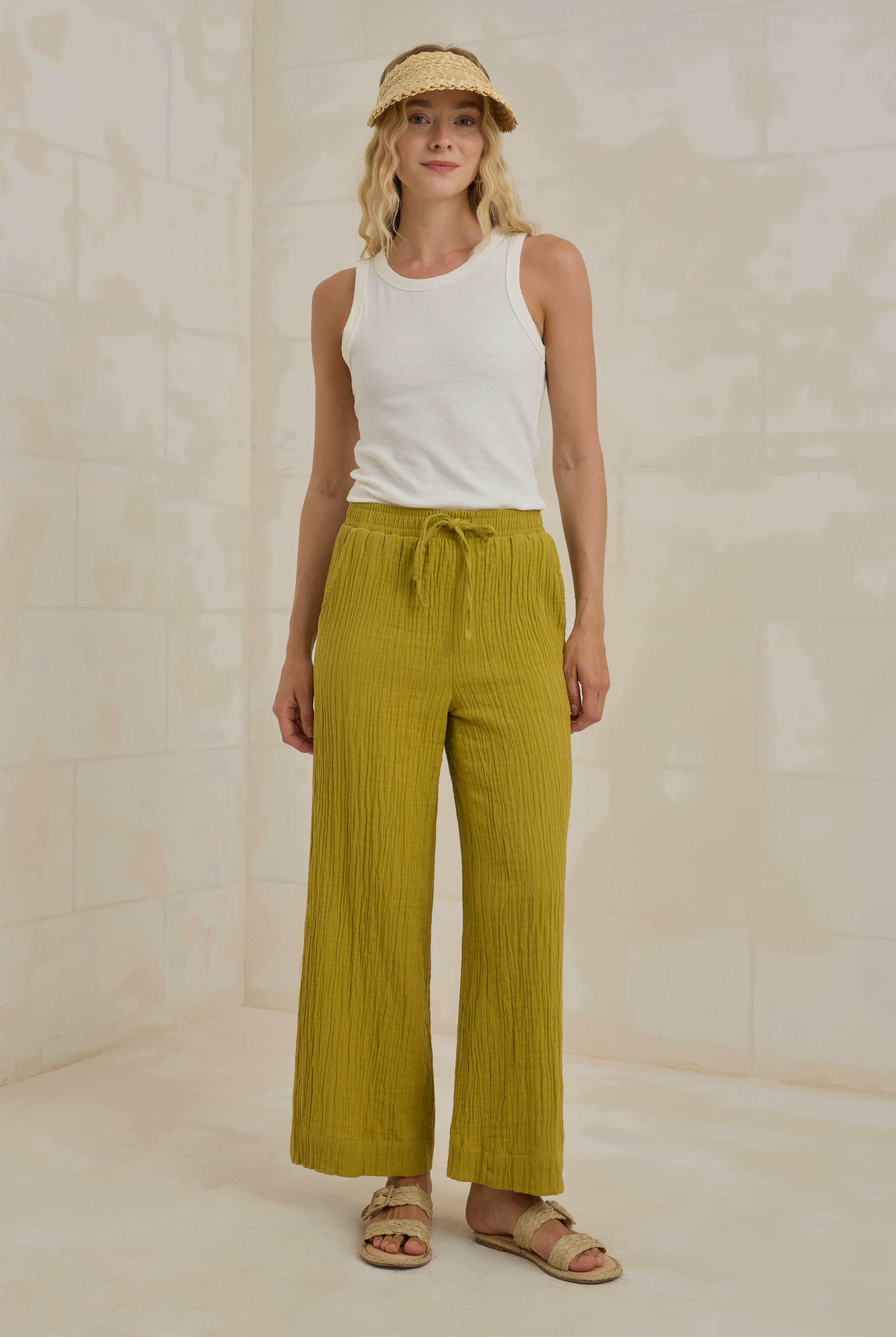 Muslin Wide Leg Trousers Light Oil Green - 3