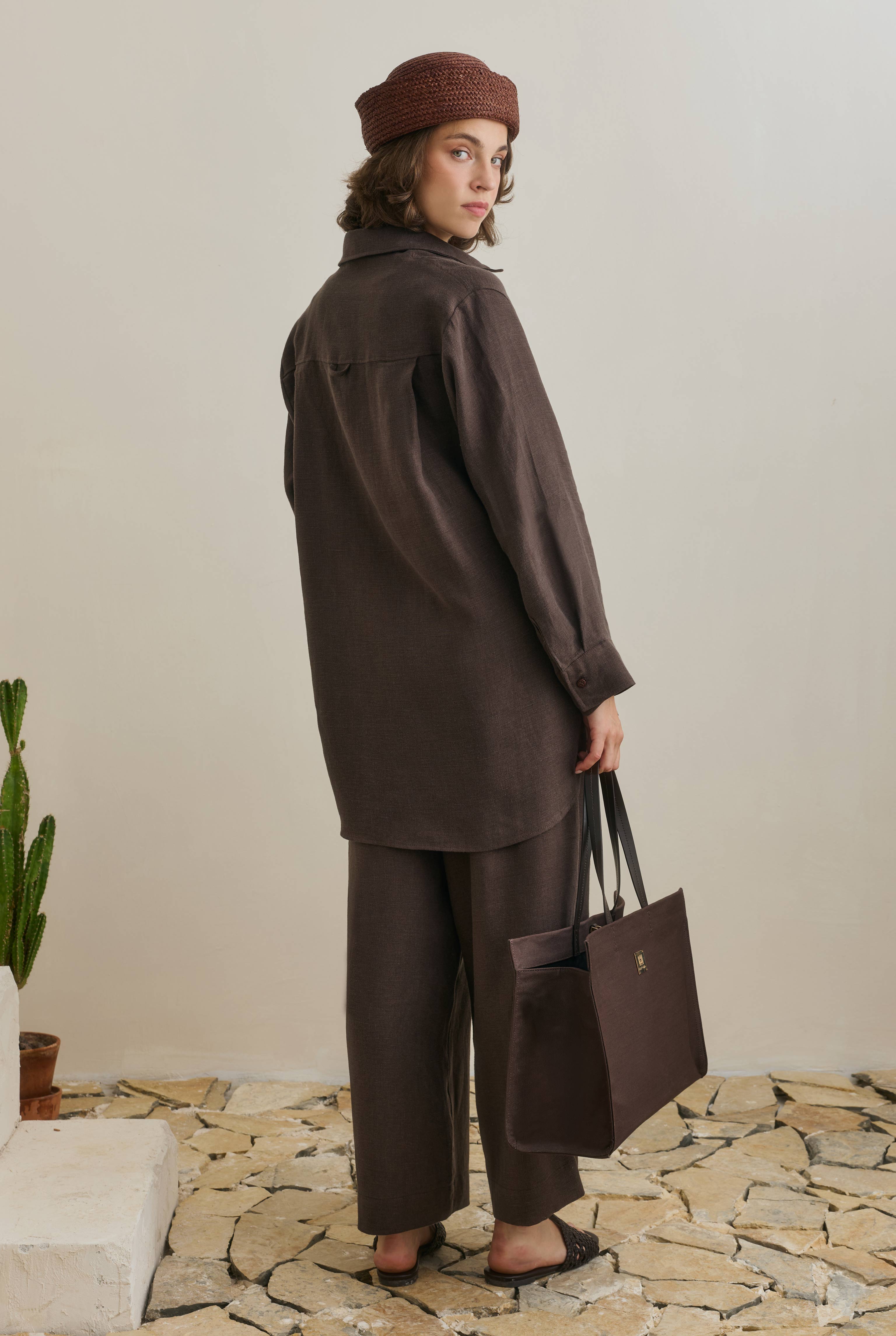 Midi Keten Pantolon Acı Kahve - 2