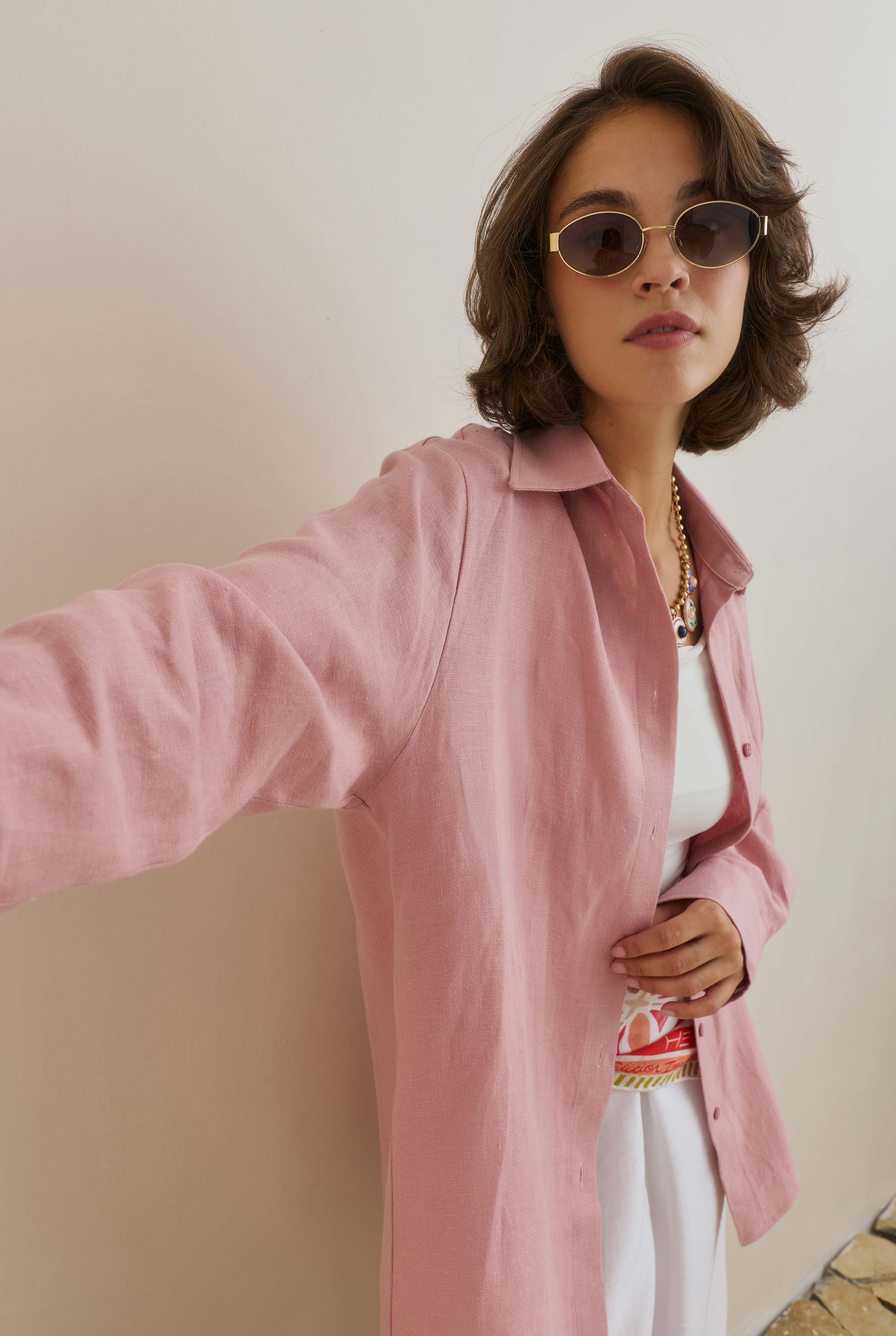 Basic Keten Gömlek Pastel Pembe - 4