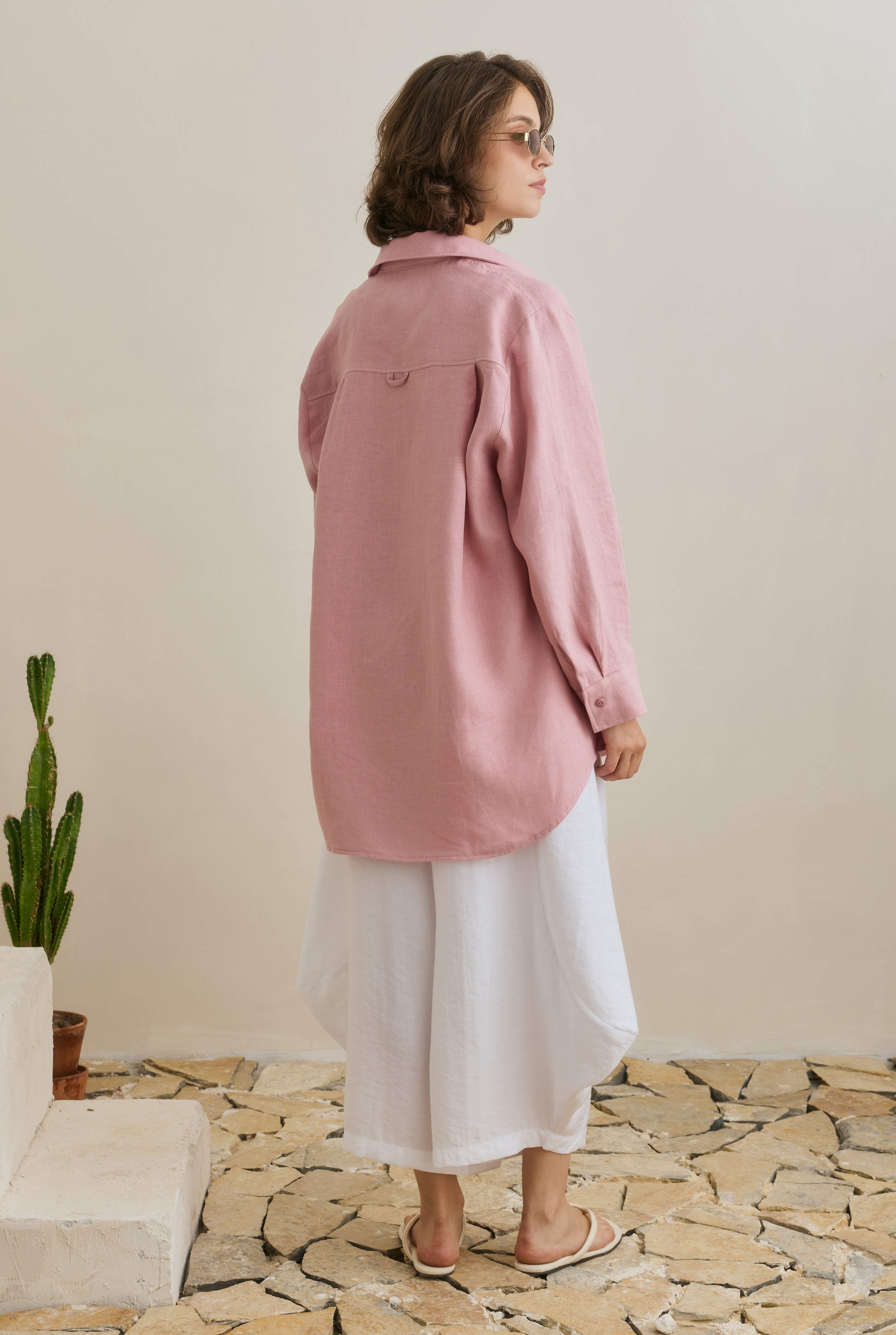 Basic Keten Gömlek Pastel Pembe - 5