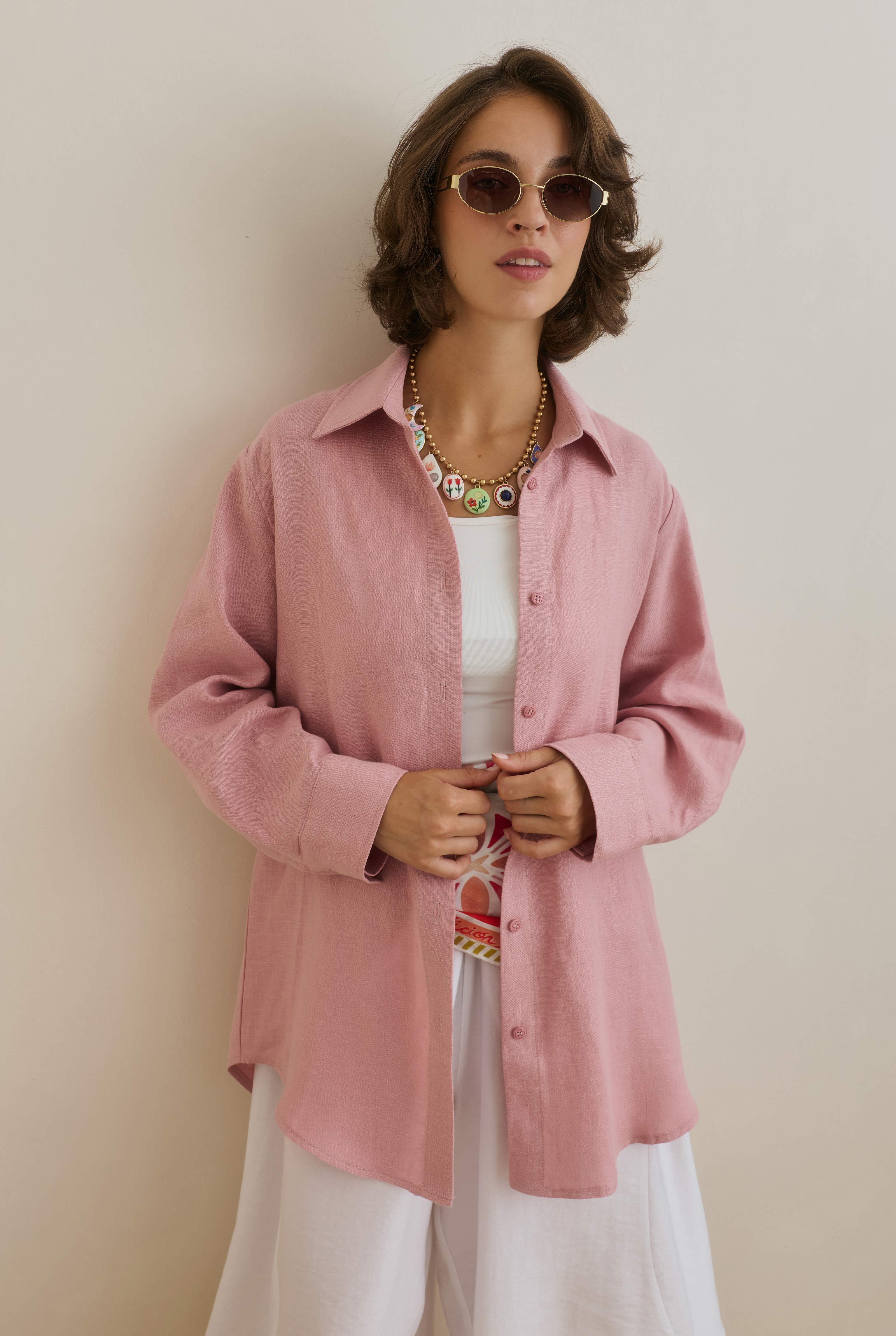 Basic Keten Gömlek Pastel Pembe - 2