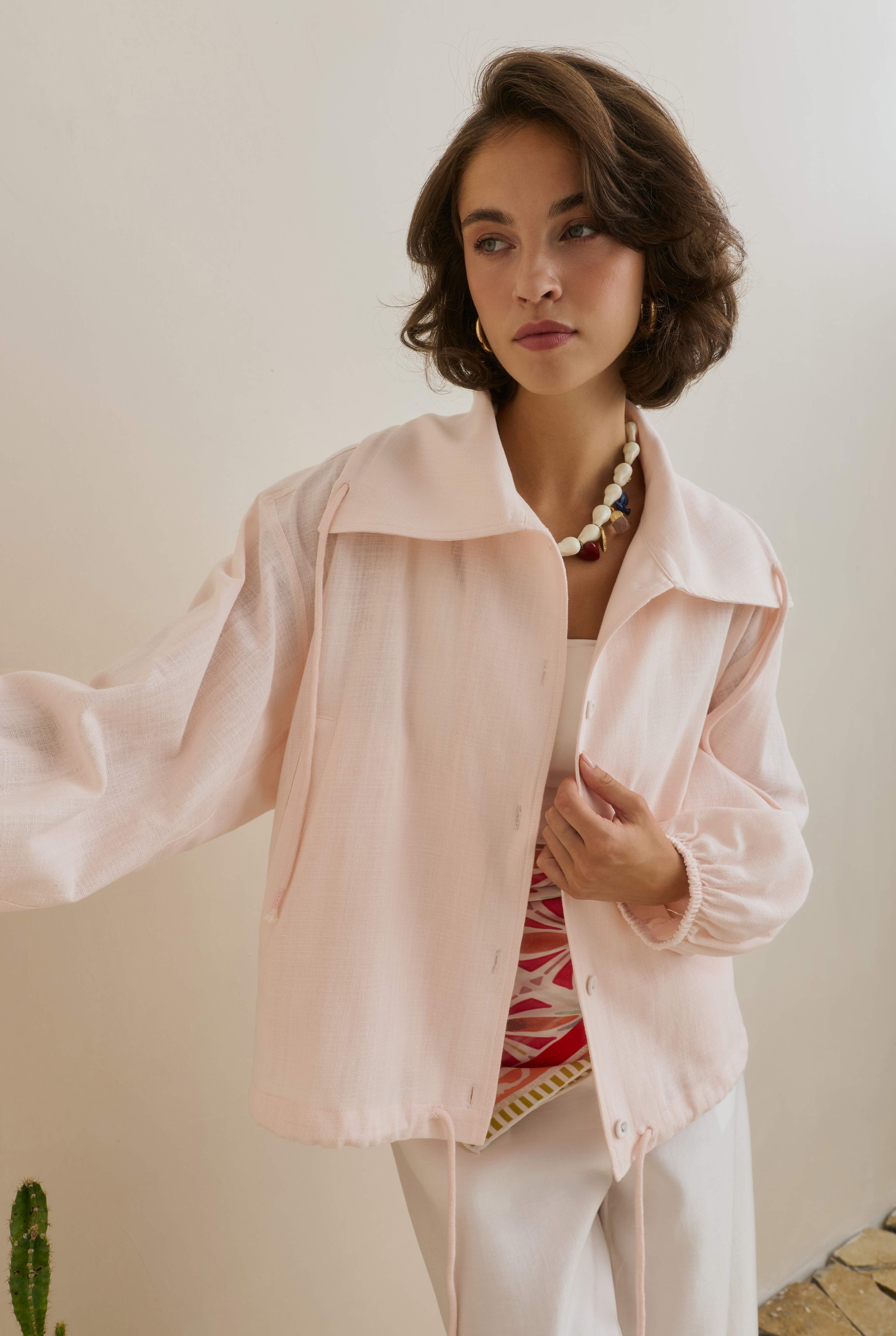Pamuk Keten Bomber Ceket Soft Pembe - 3