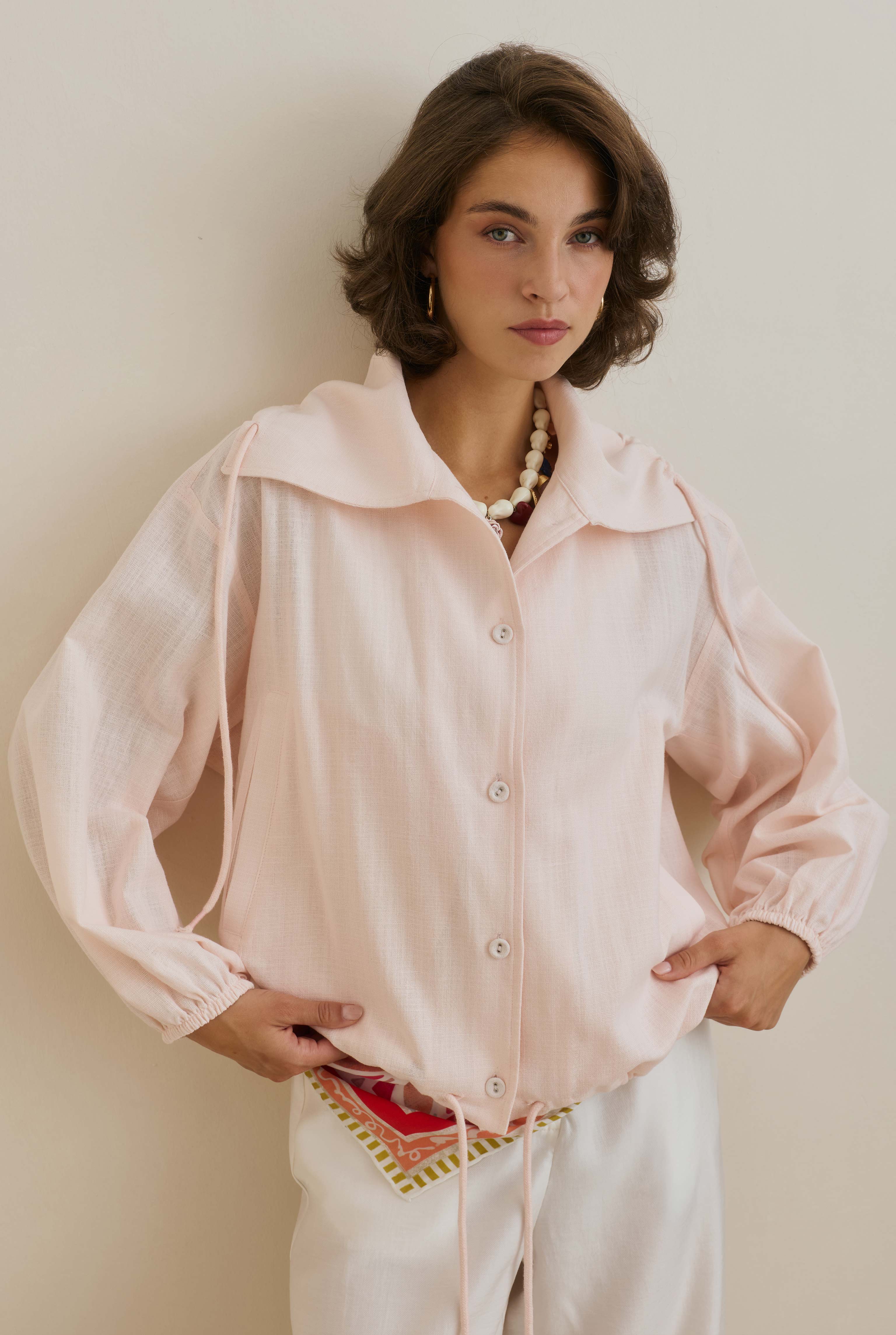 Pamuk Keten Bomber Ceket Soft Pembe - 1