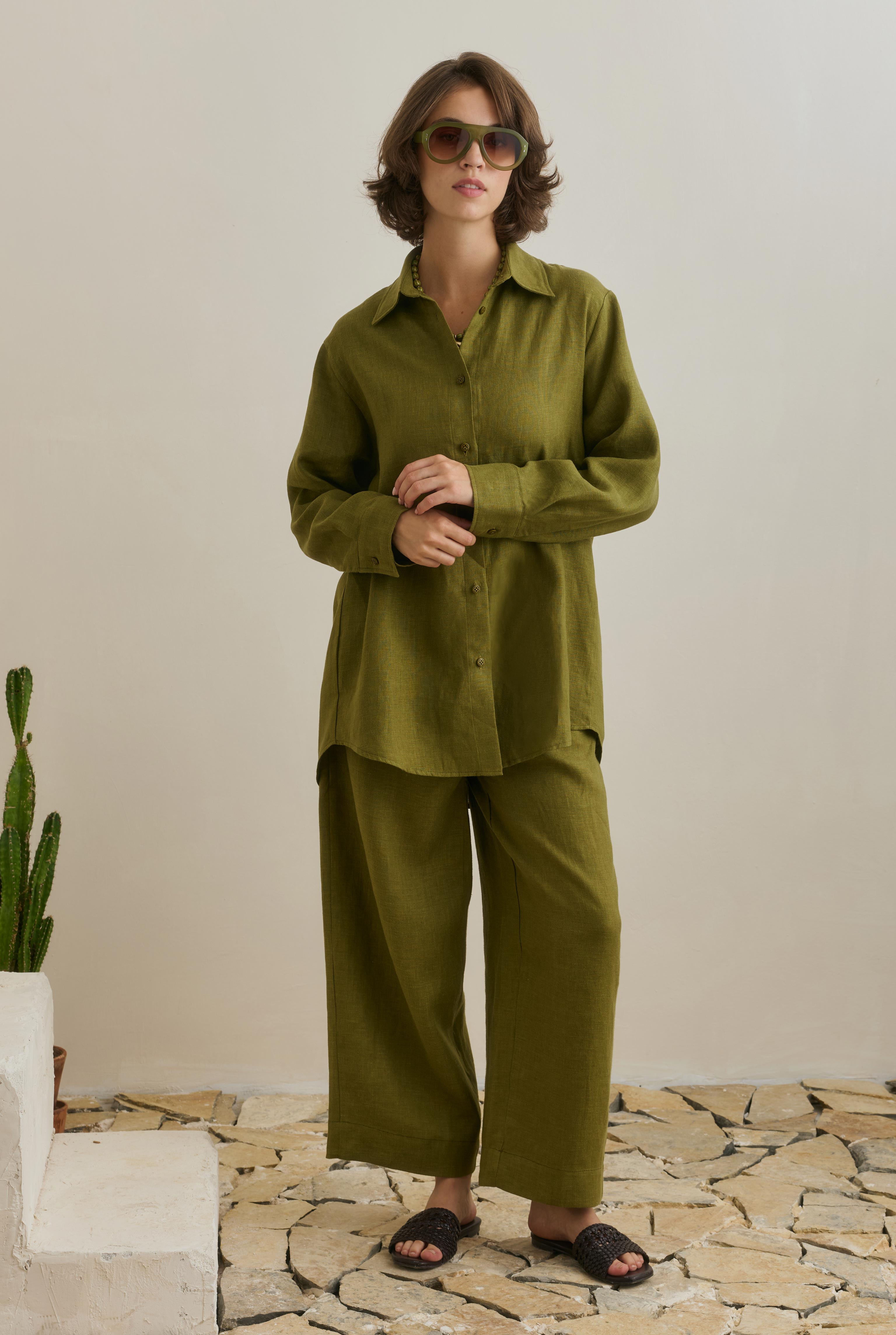 Midi Keten Pantolon Yağ Yeşili - 3