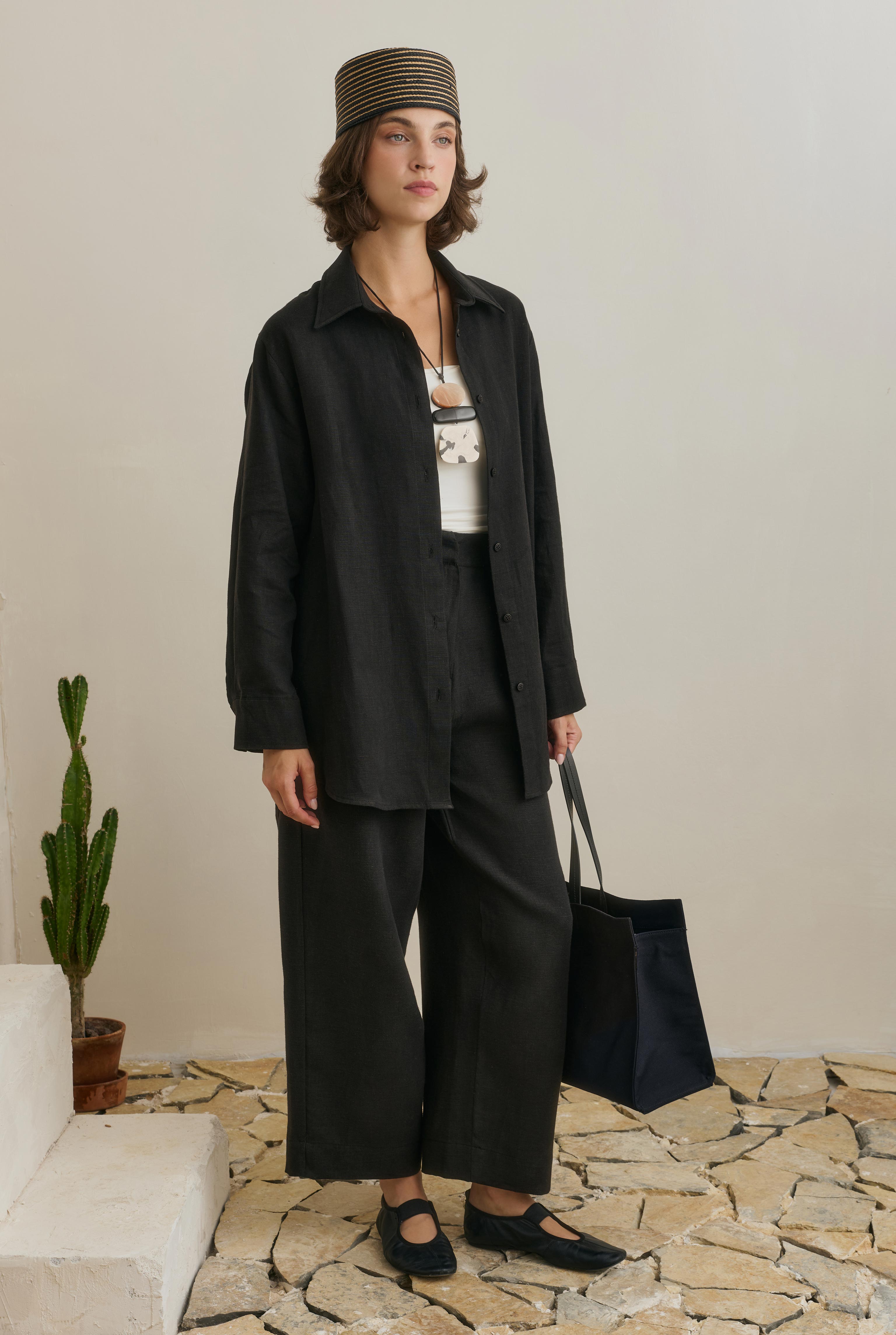 Midi Keten Pantolon Siyah - 3