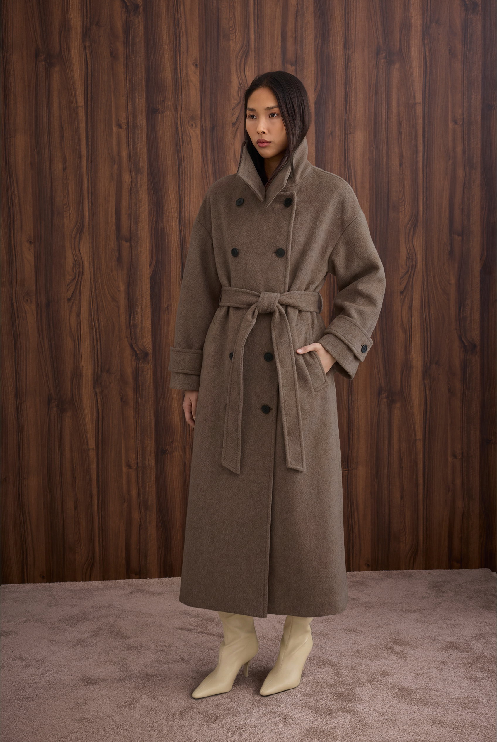 Funnel Neck Long Coat Brown - 2